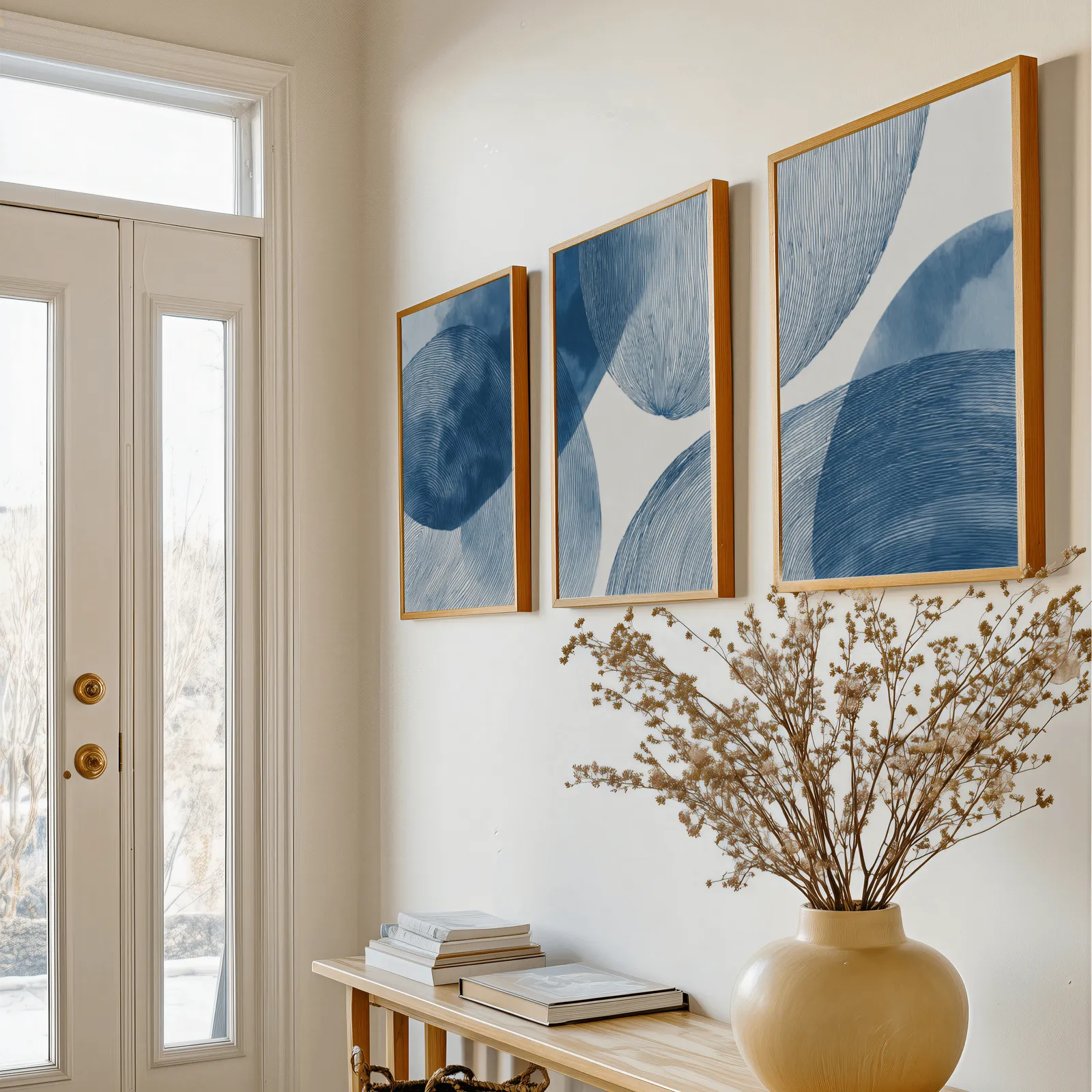blue abstract circular line triptych wall art, above a console table with a yellow vase of dried branches