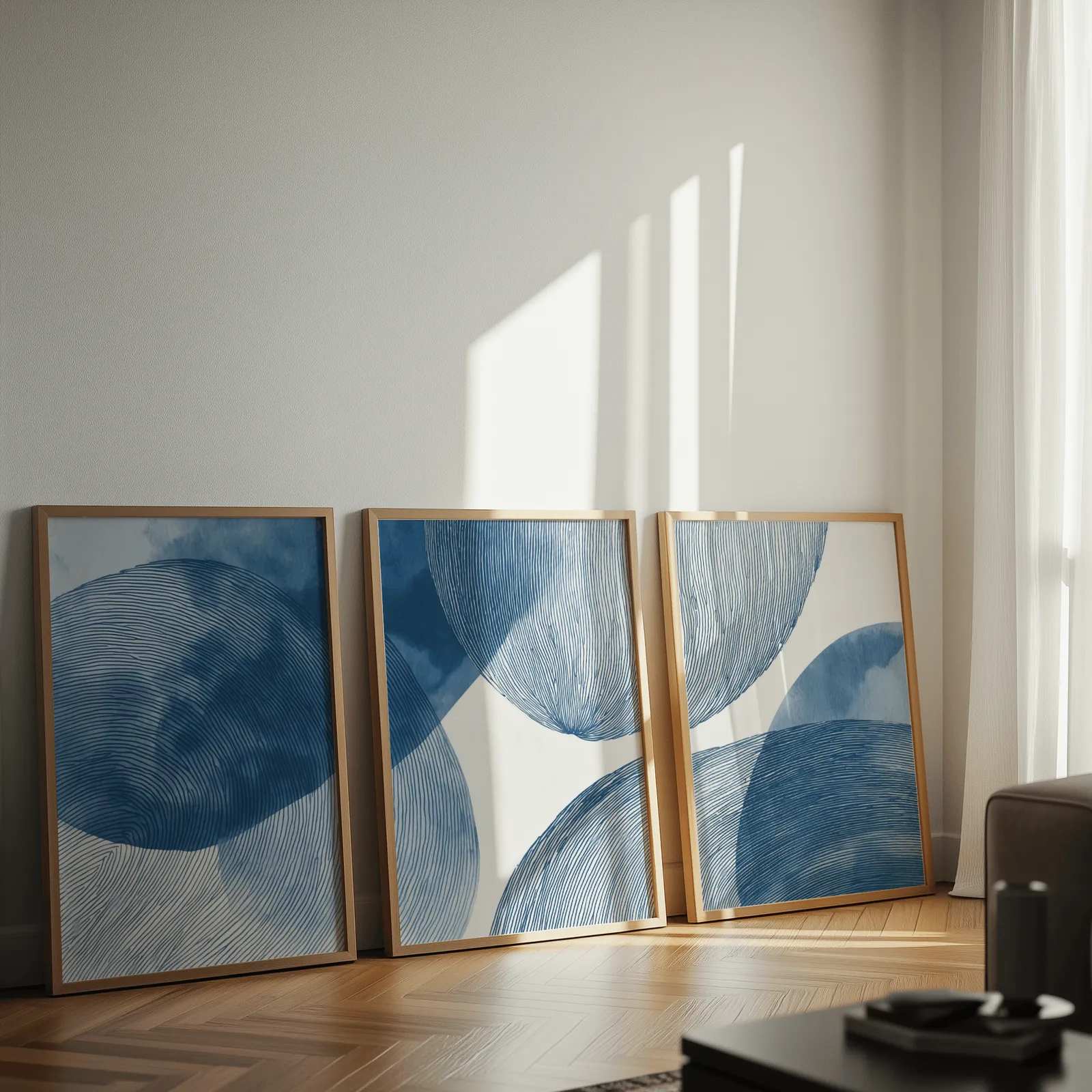 blue abstract circular line triptych wall art, leaning against a sunlit wall on herringbone flooring