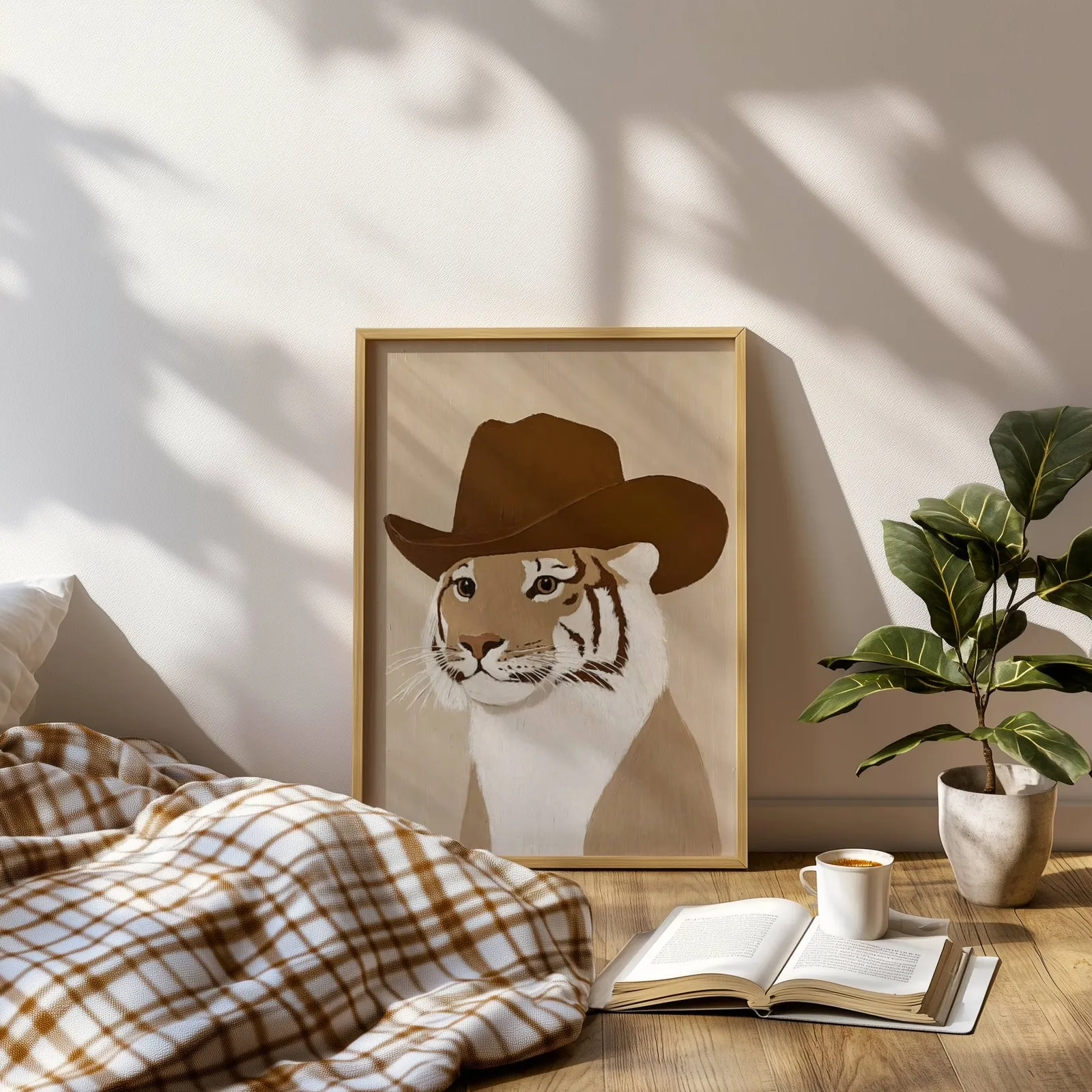 tiger in cowboy hat western wall art, leaning on a sunlit floor beside a plaid blanket and open book