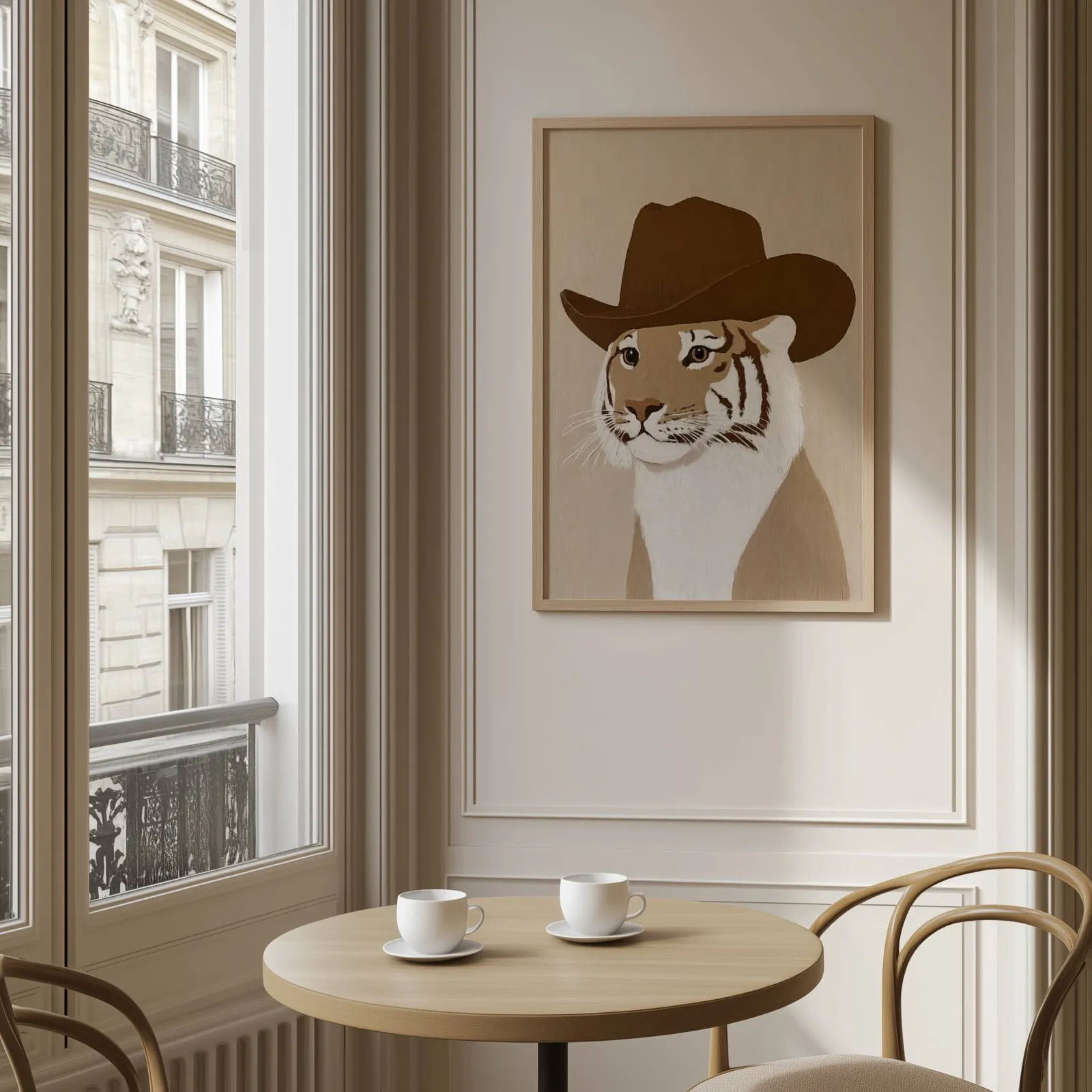 tiger in cowboy hat western wall art, above a round café table set with two coffee cups