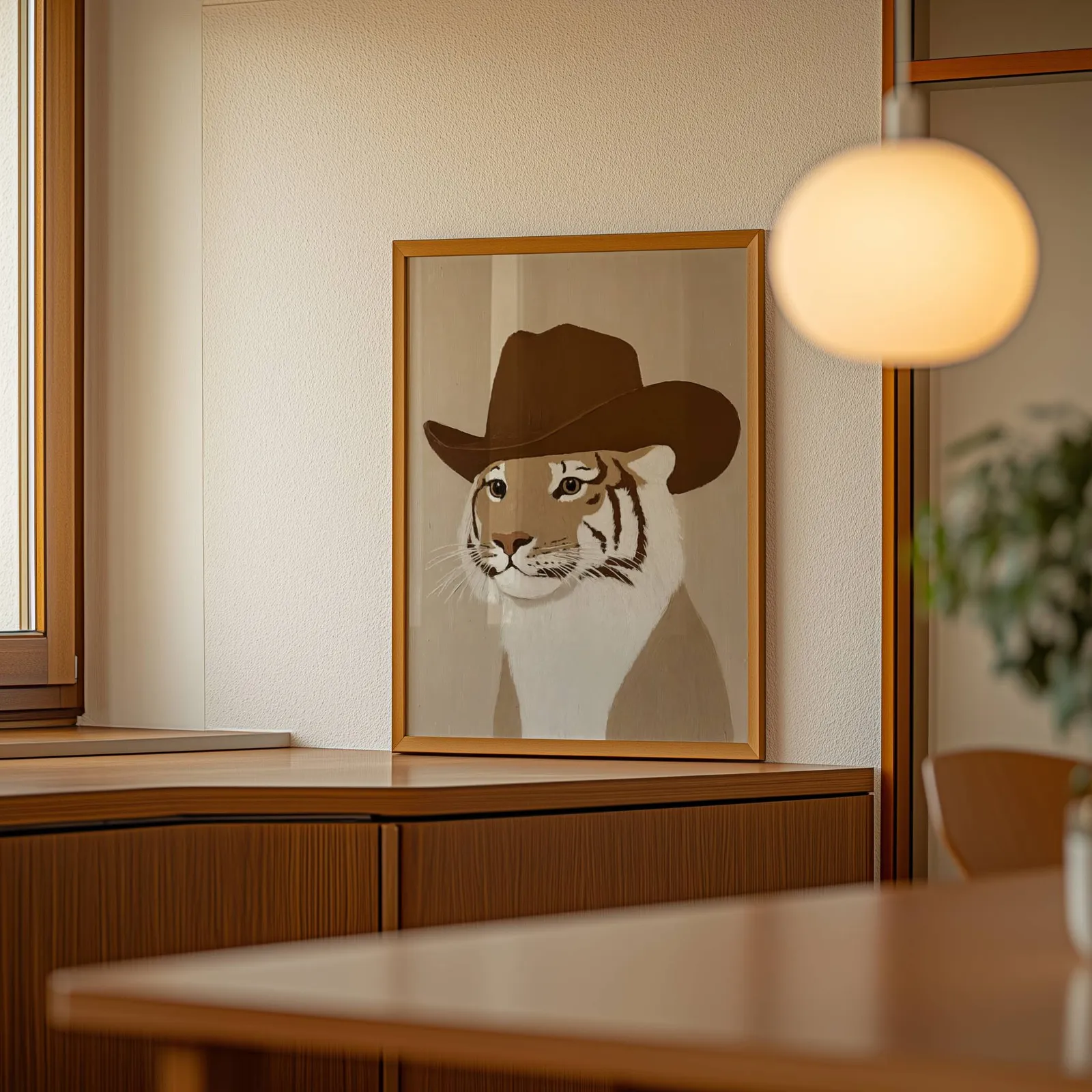 tiger in cowboy hat western wall art, leaning on a wooden sideboard beside a glowing globe pendant