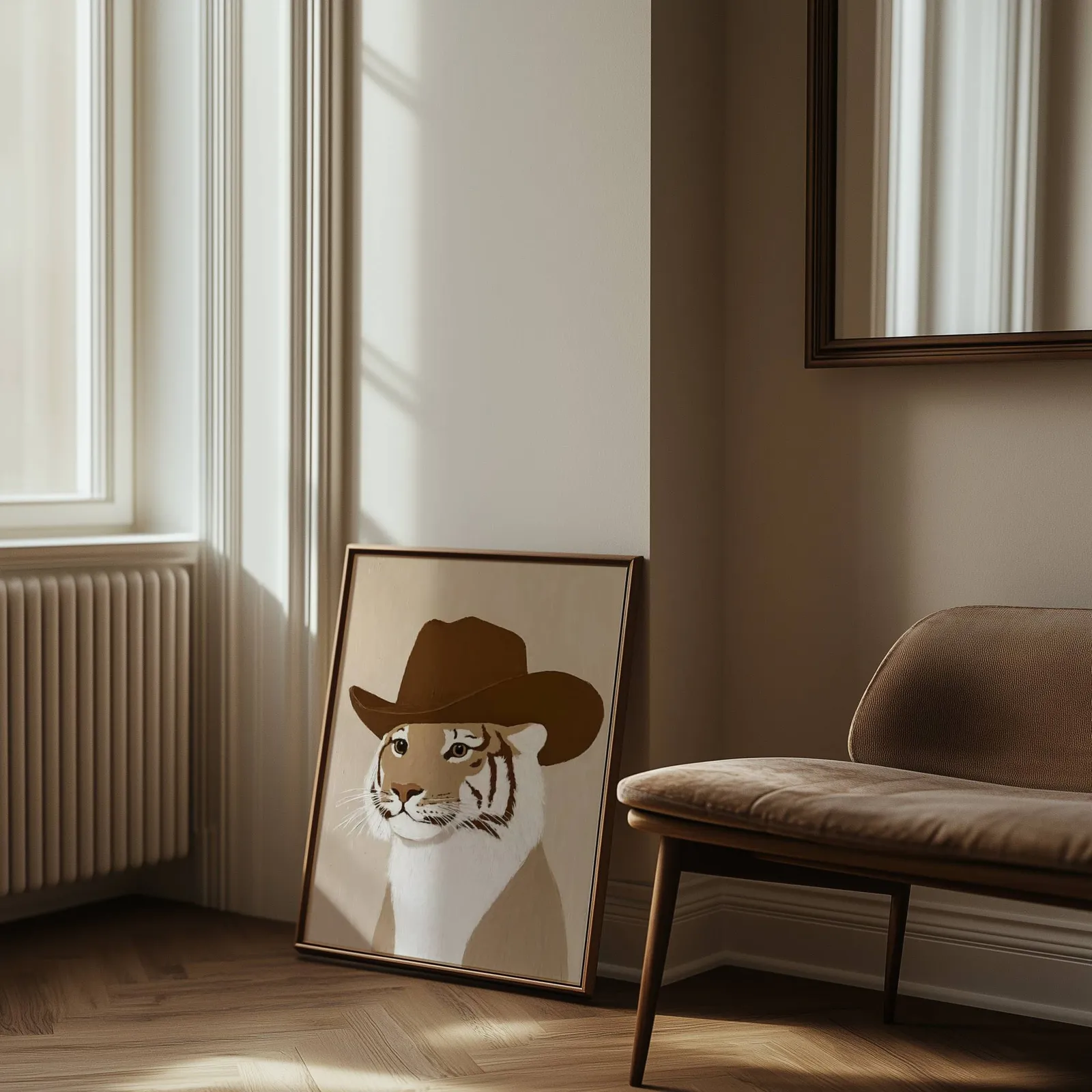 tiger in cowboy hat western wall art, leaning against the wall beside a sunlit radiator and herringbone floor