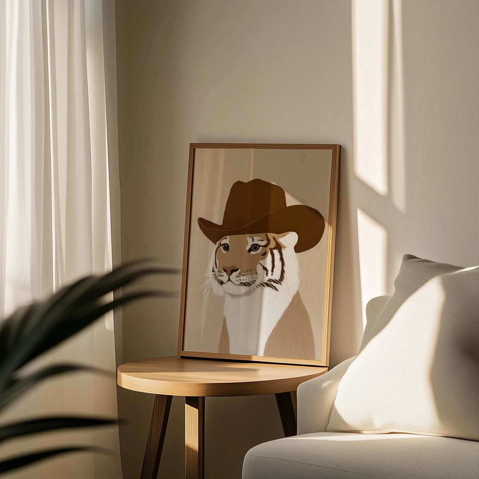tiger in cowboy hat western wall art, leaning on a round wooden side table by a sheer curtain
