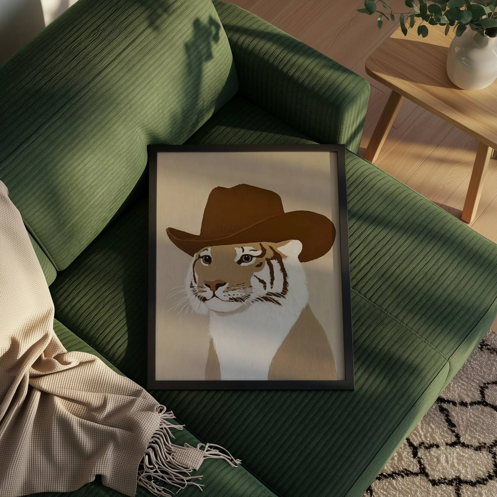 tiger in cowboy hat western wall art, propped on a ribbed olive-green sofa beside a fringed throw