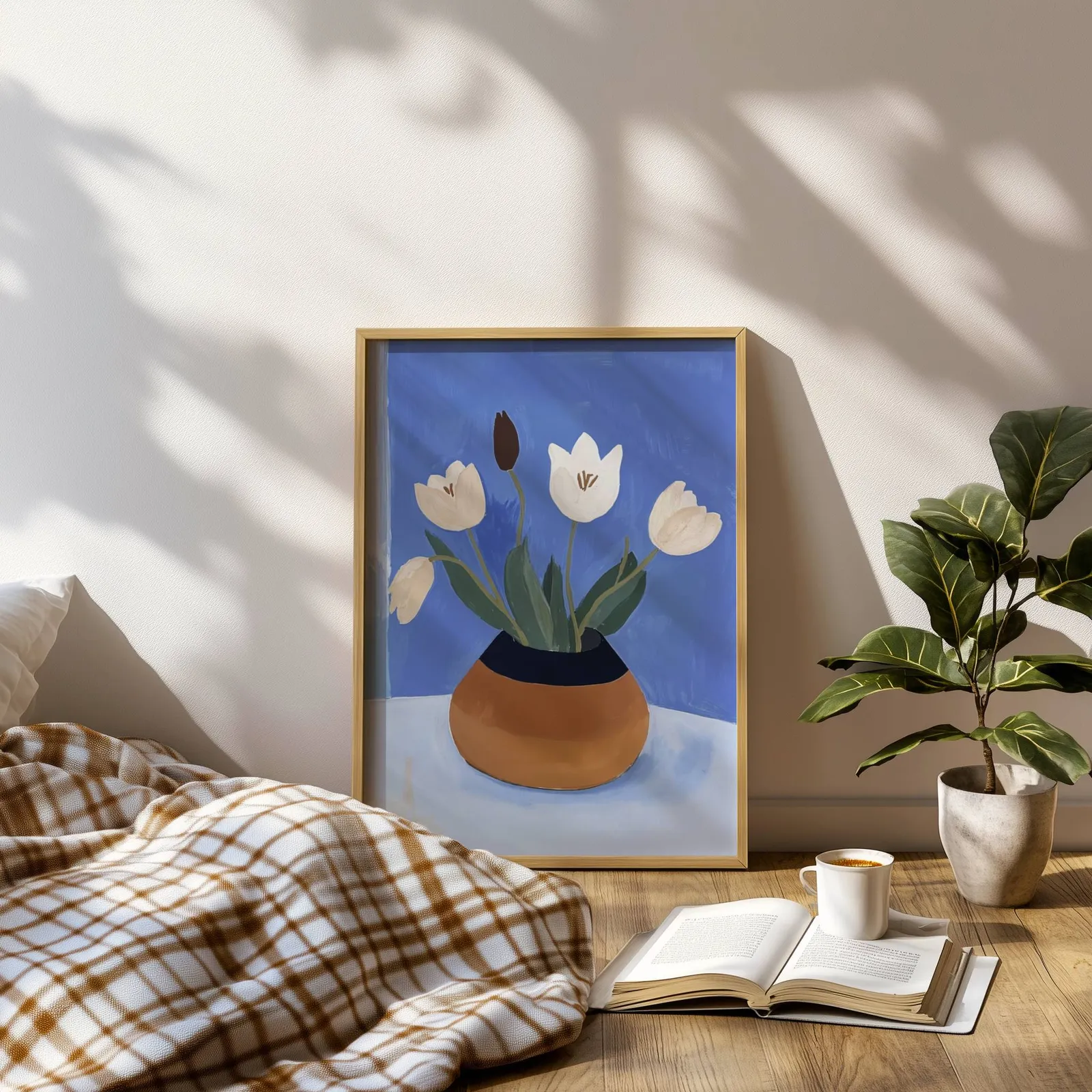 white tulips in terracotta vase botanical wall art, leaning on a sunlit floor beside a plaid blanket and open book