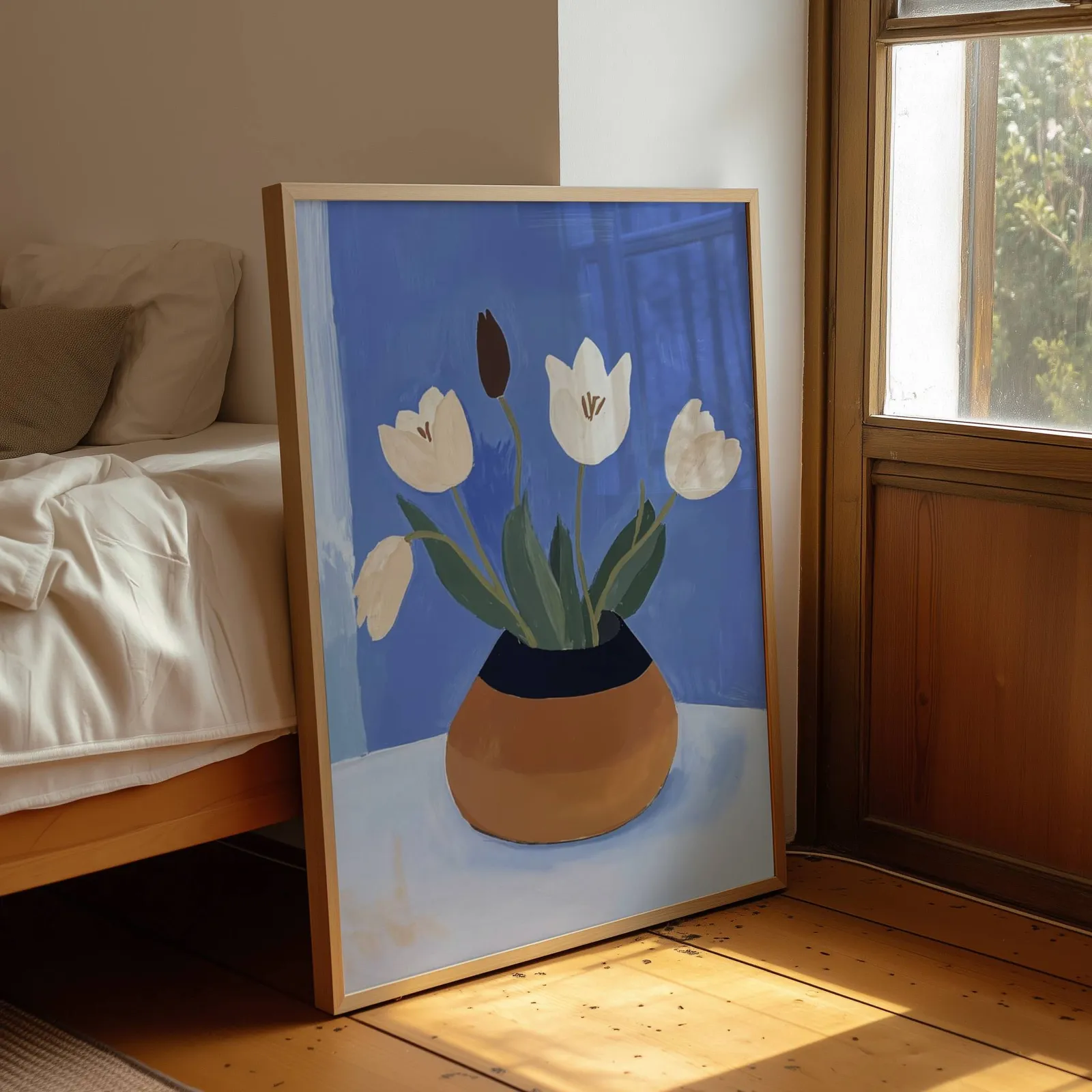 white tulips in terracotta vase botanical wall art, leaning by a sunlit window beside an unmade bed