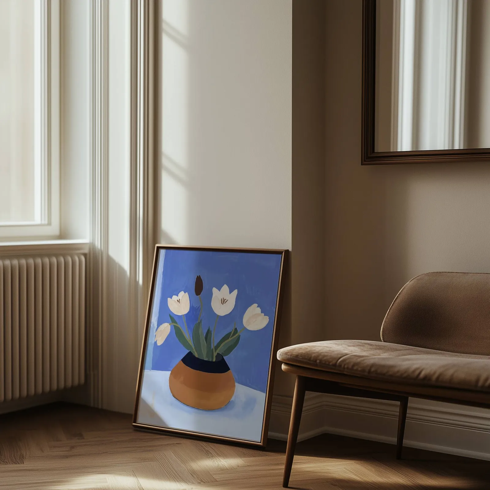 white tulips in terracotta vase botanical wall art, leaning against the wall beside a sunlit radiator and herringbone floor