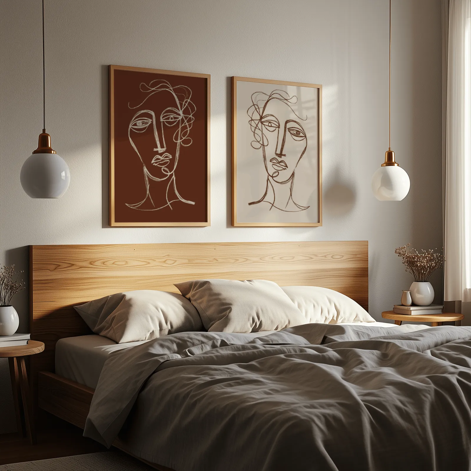 terracotta and beige abstract face art set of two, above a wooden headboard flanked by globe pendant lights