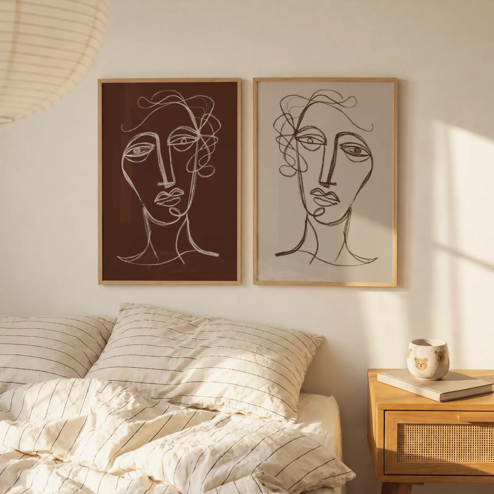 terracotta and beige abstract face art set of two, above a striped linen bed beside a paper lantern shade