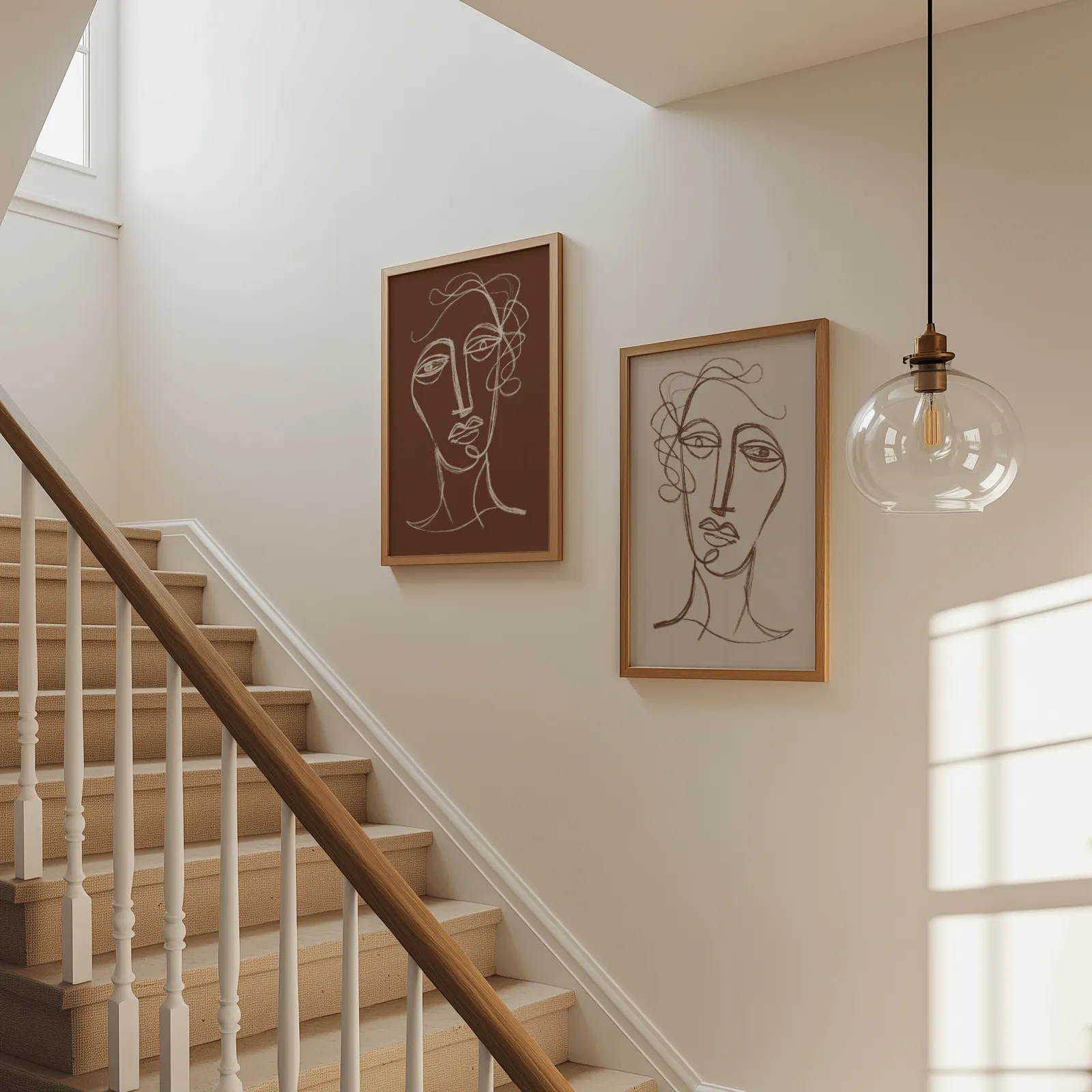 terracotta and beige abstract face art set of two, beside a carpeted staircase under a glass pendant light