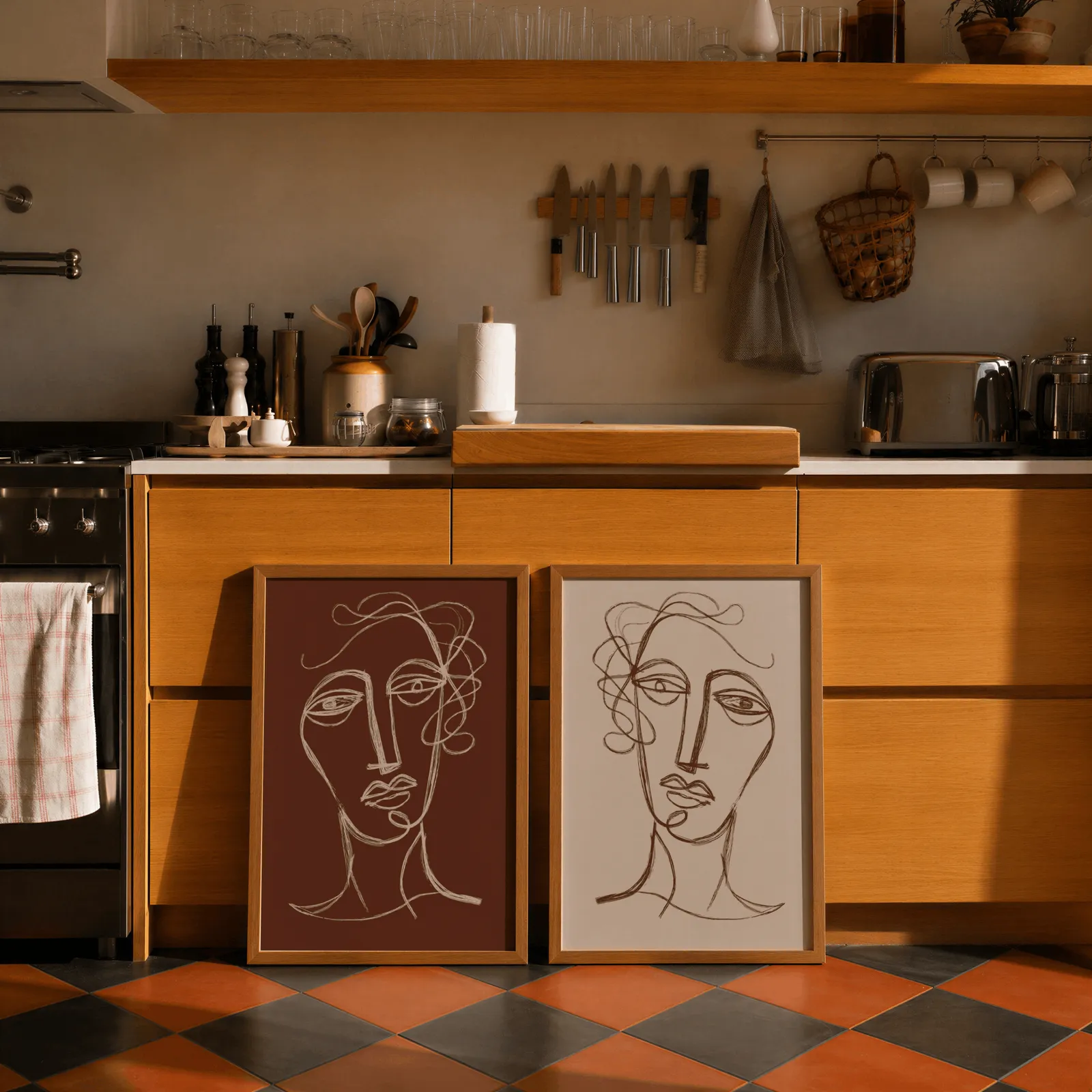 terracotta and beige abstract face art set of two, leaning against wooden cabinets on terracotta tiled floor