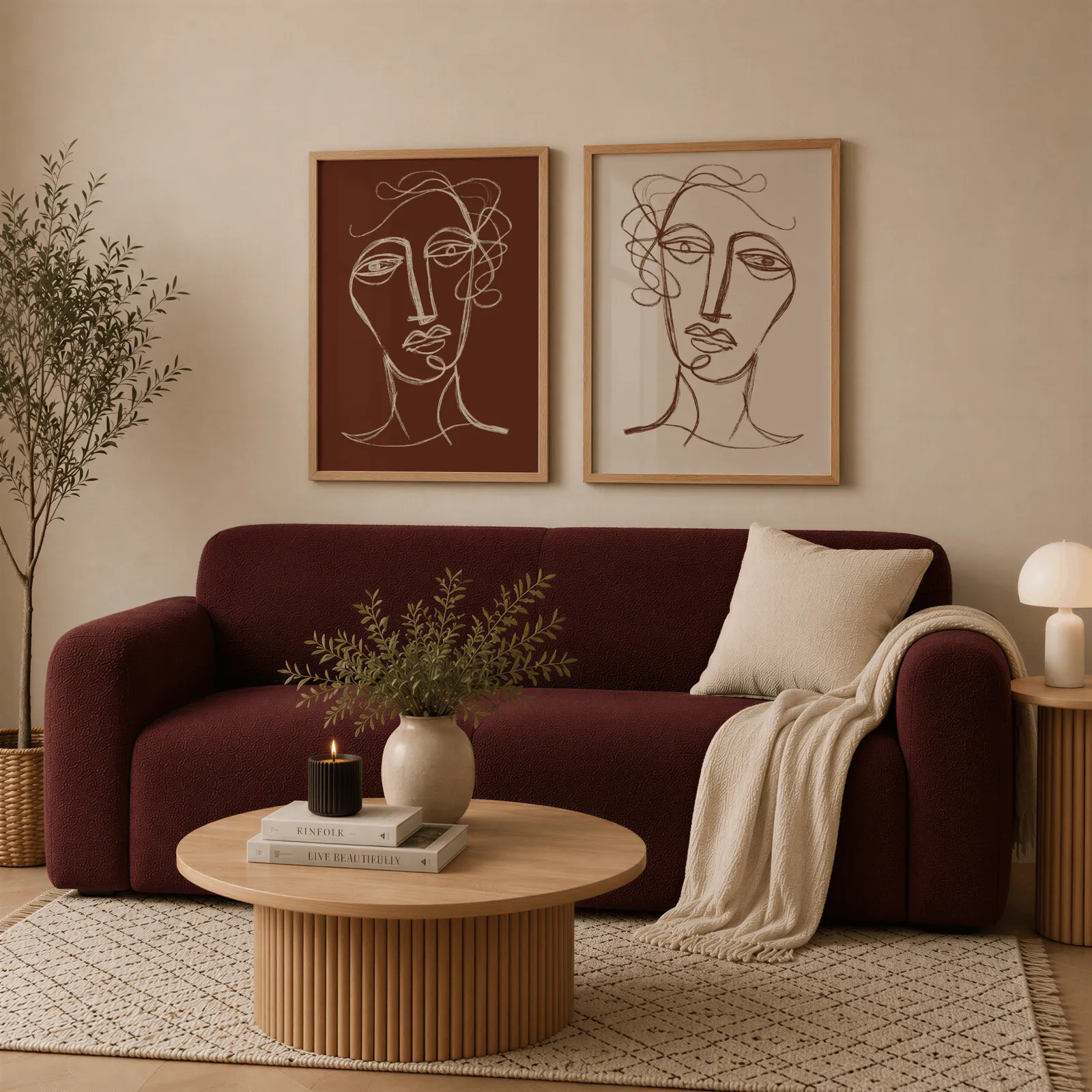 terracotta and beige abstract face art set of two, above a deep burgundy boucle sofa with cream throw
