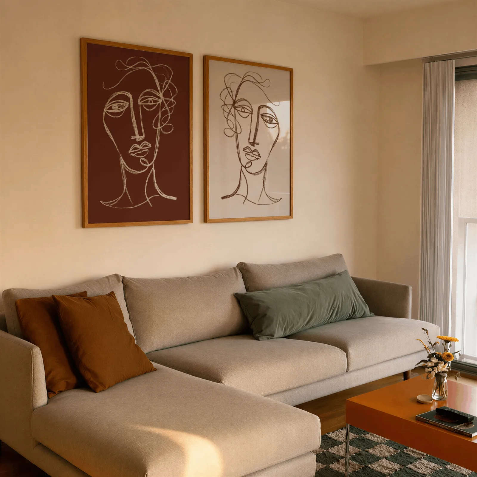 terracotta and beige abstract face art set of two, side by side above a beige sectional sofa