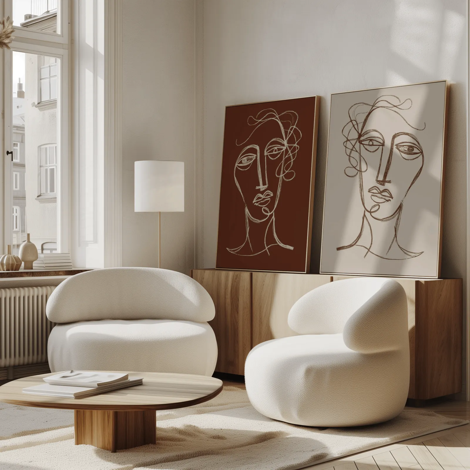 terracotta and beige abstract face art set of two, propped against a wooden sideboard beside boucle armchairs