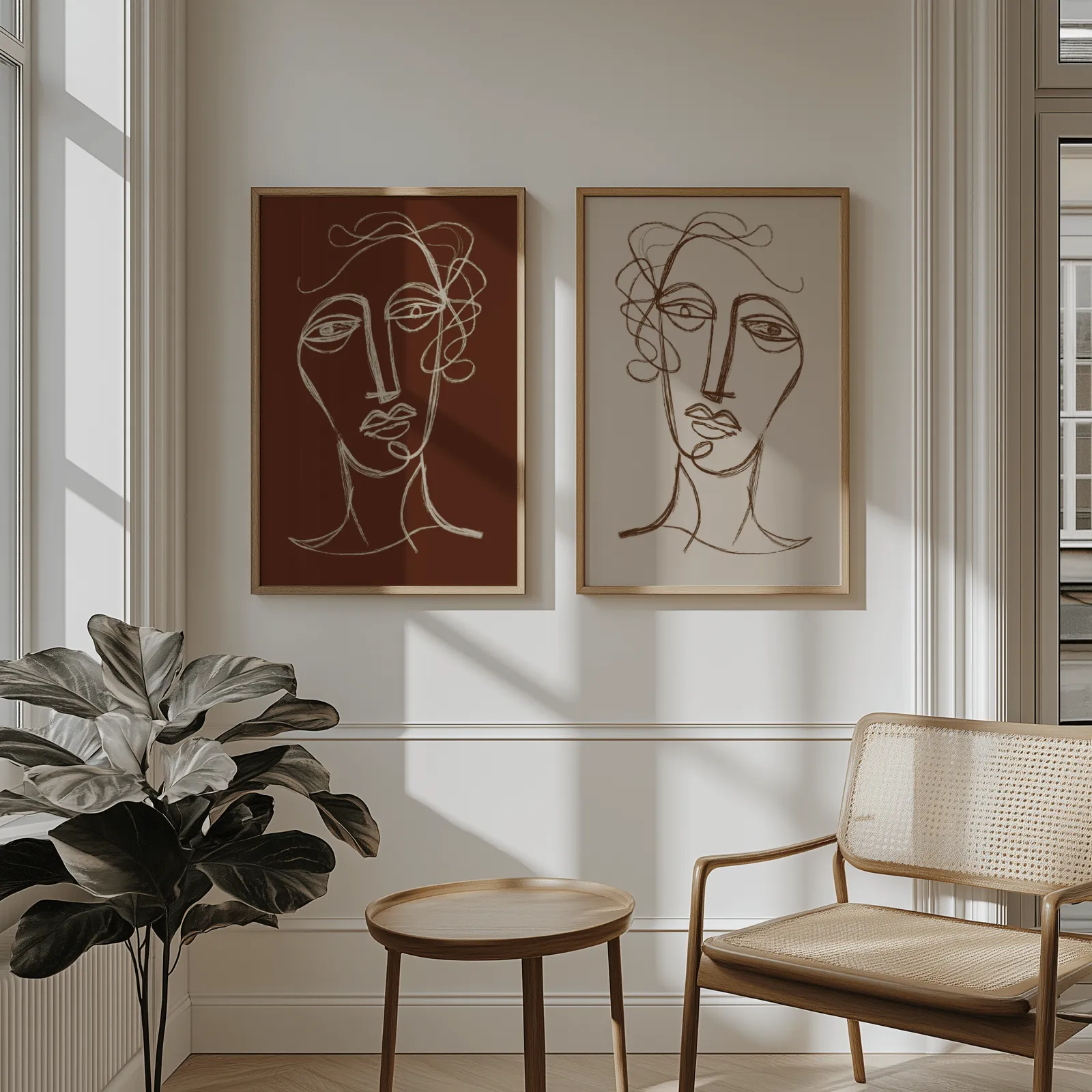 terracotta and beige abstract face art set of two, above wainscoting beside a cane armchair and fiddle-leaf fig
