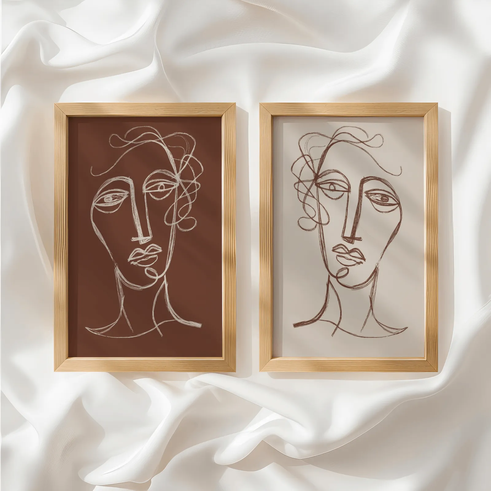 terracotta and beige abstract face art set of two, side by side atop rumpled white silky fabric