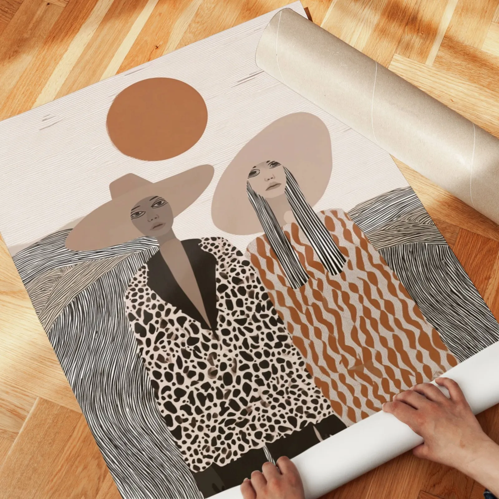 boho portrait wall art of two women in wide-brimmed hats, unrolled across a herringbone parquet floor by hand