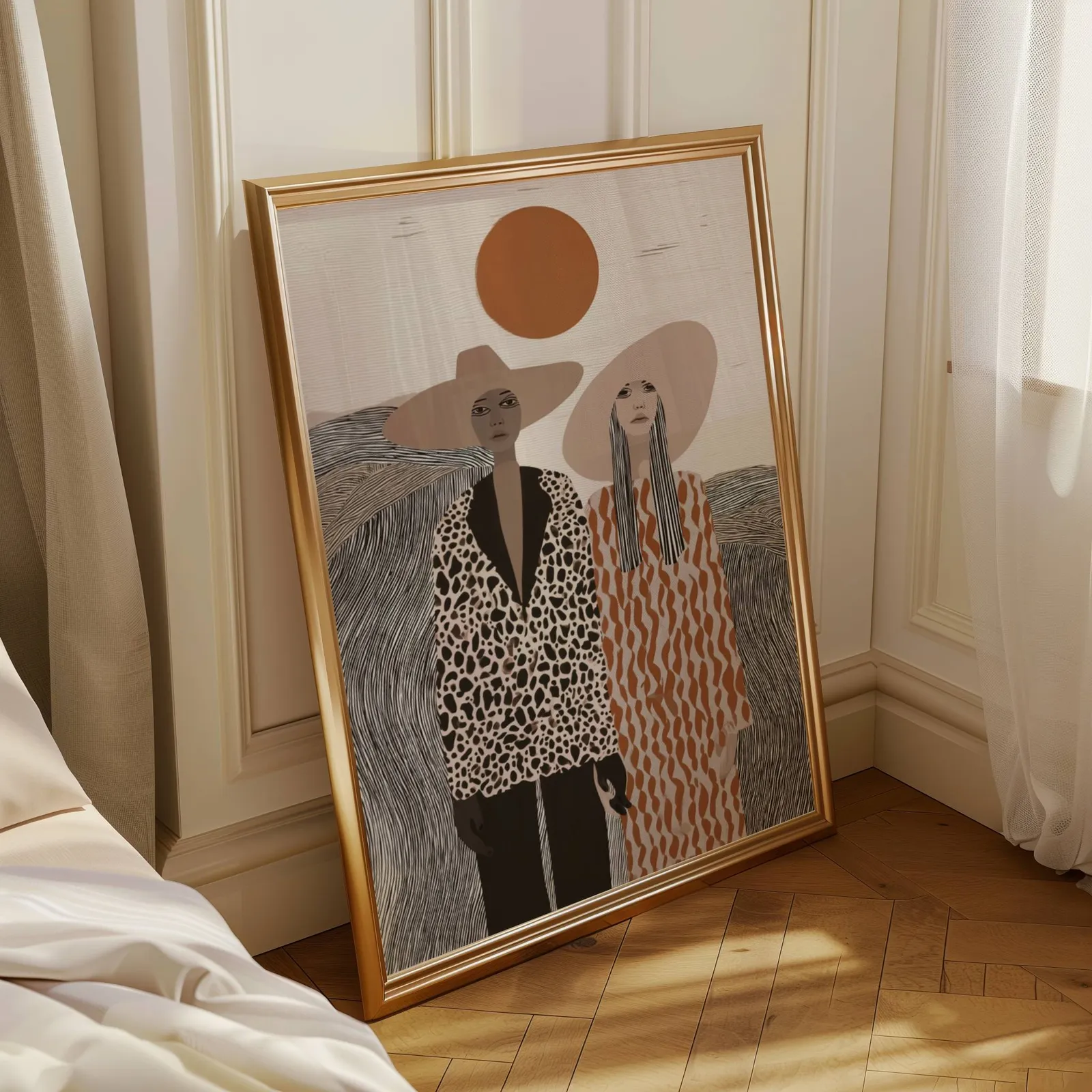 boho portrait wall art of two women in wide-brimmed hats, leaning in a sunlit corner beside sheer curtains and herringbone floor