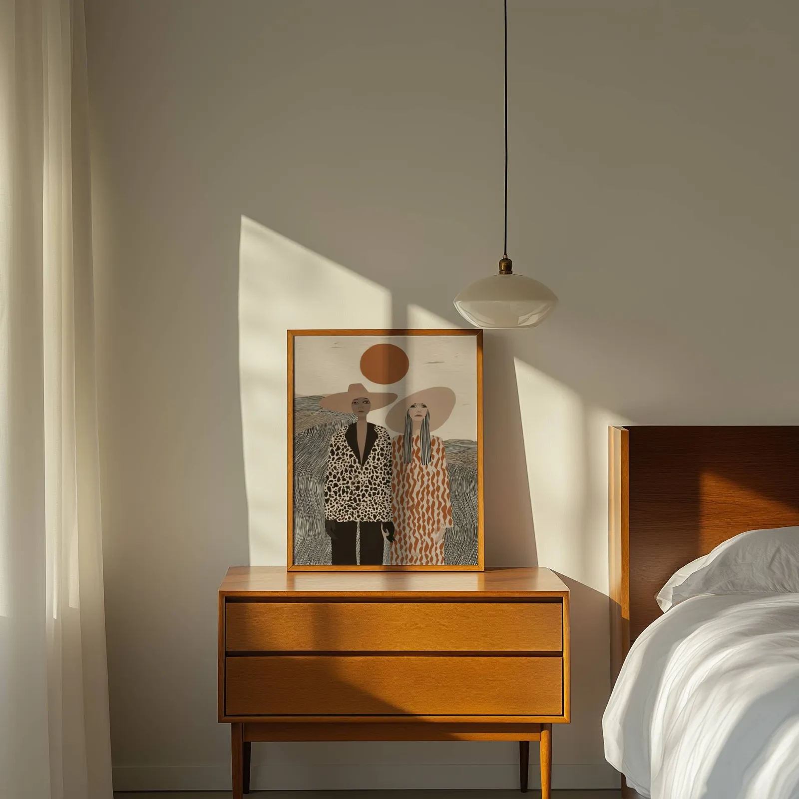 boho portrait wall art of two women in wide-brimmed hats, propped on a wooden dresser beside a pendant lamp