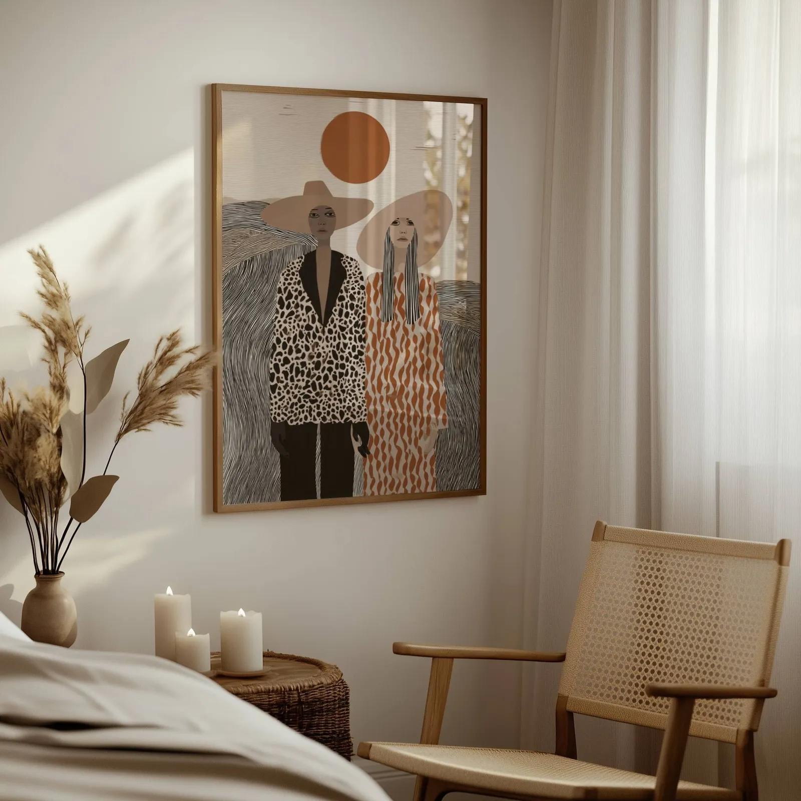 boho portrait wall art of two women in wide-brimmed hats, above a woven side table with lit candles and pampas grass