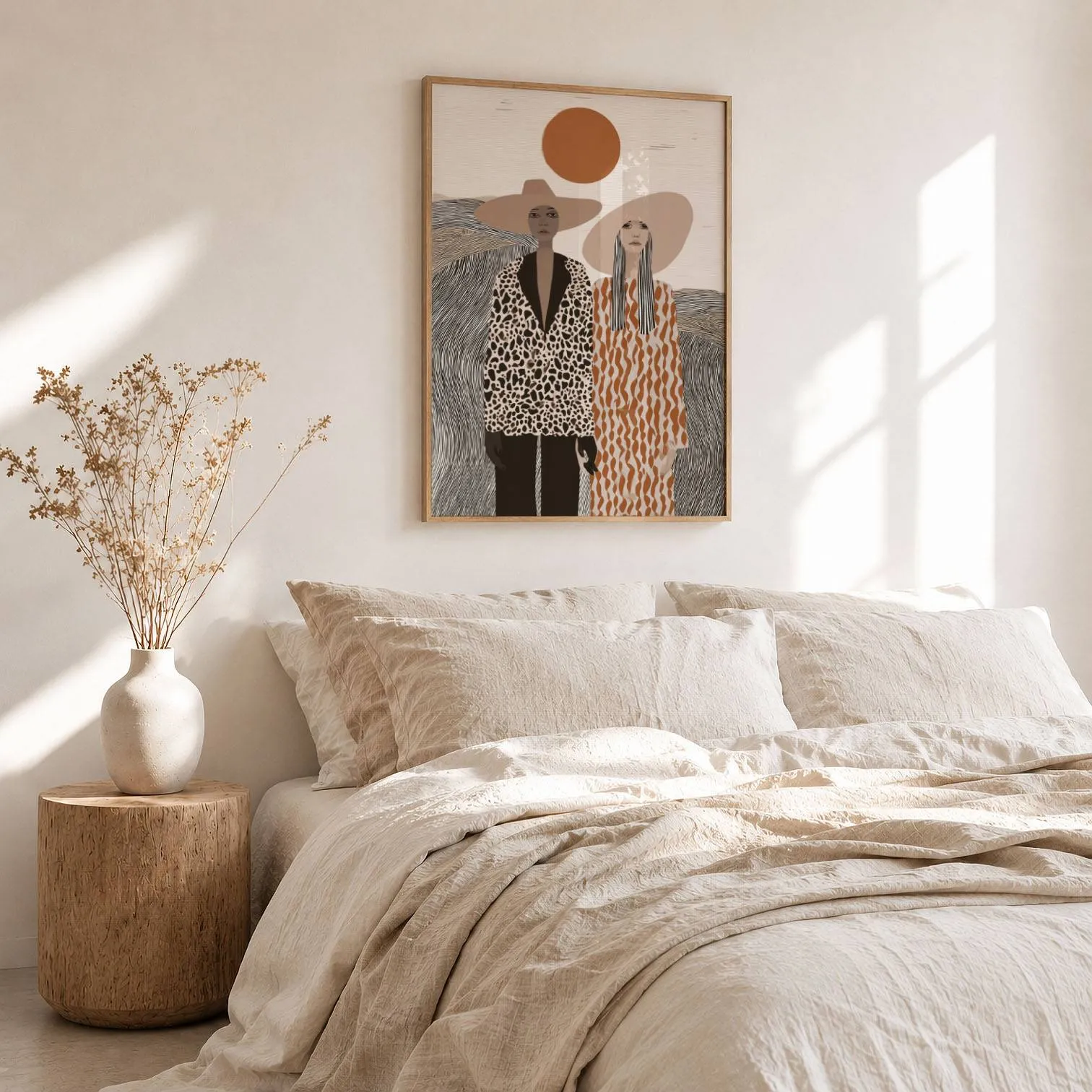 boho portrait wall art of two women in wide-brimmed hats, above a rumpled linen bed beside a stump side table