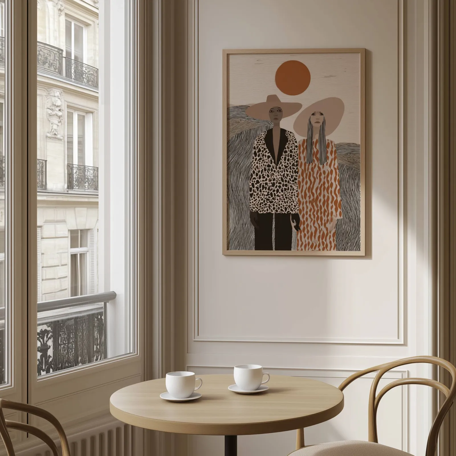 boho portrait wall art of two women in wide-brimmed hats, above a round café table set with two coffee cups