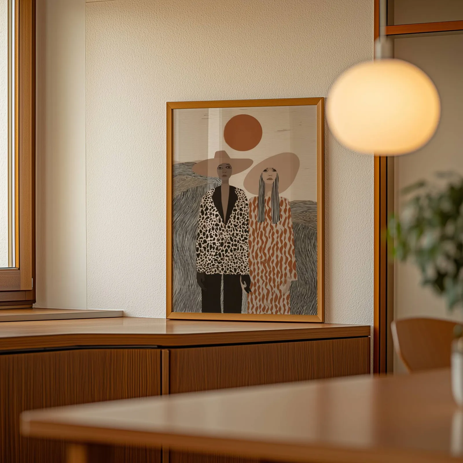 boho portrait wall art of two women in wide-brimmed hats, leaning on a wooden sideboard beside a glowing globe pendant