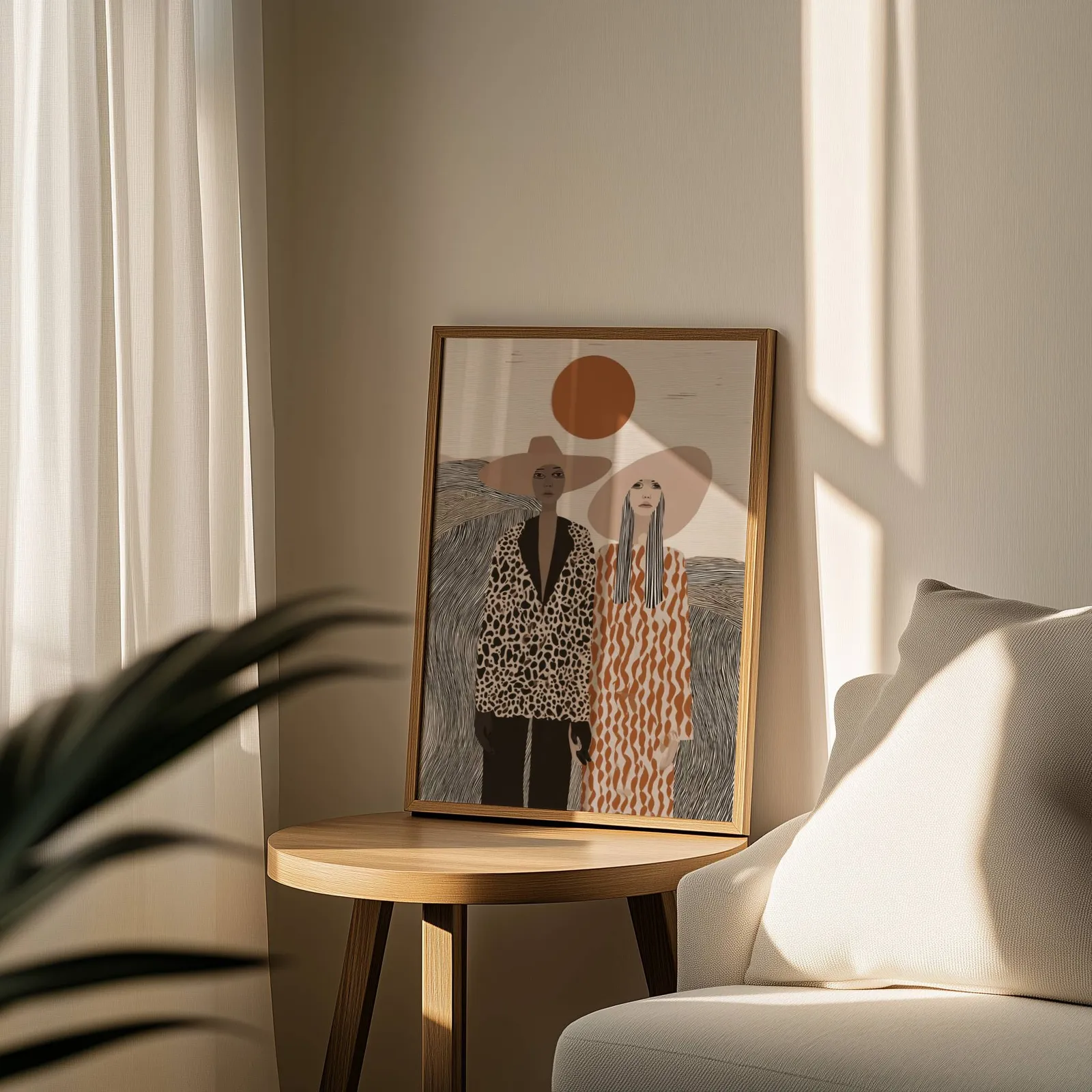 boho portrait wall art of two women in wide-brimmed hats, leaning on a round wooden side table by a sheer curtain