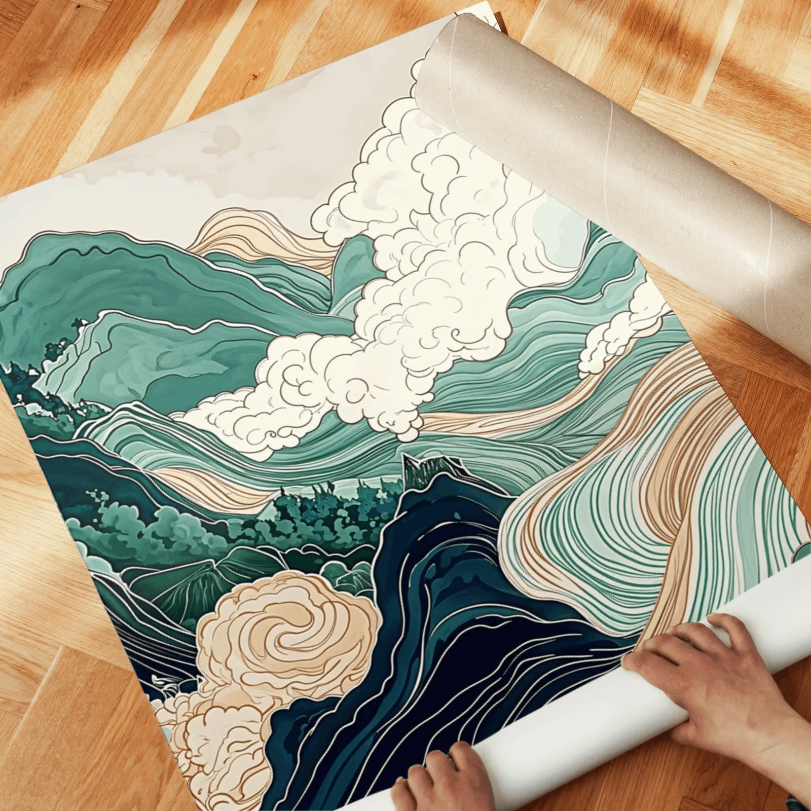 green mountain landscape wall art set of three, unrolled across a herringbone wood floor by hand
