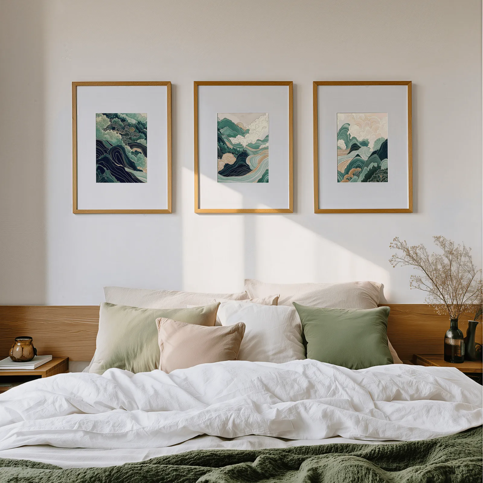 green mountain landscape wall art set of three, above a wooden headboard scattered with sage and blush pillows