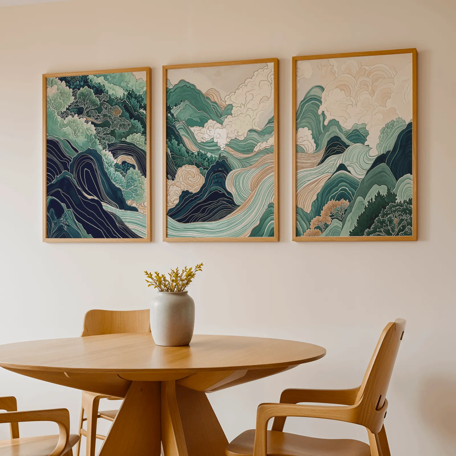 green mountain landscape wall art set of three, above a round wooden table with a stoneware vase