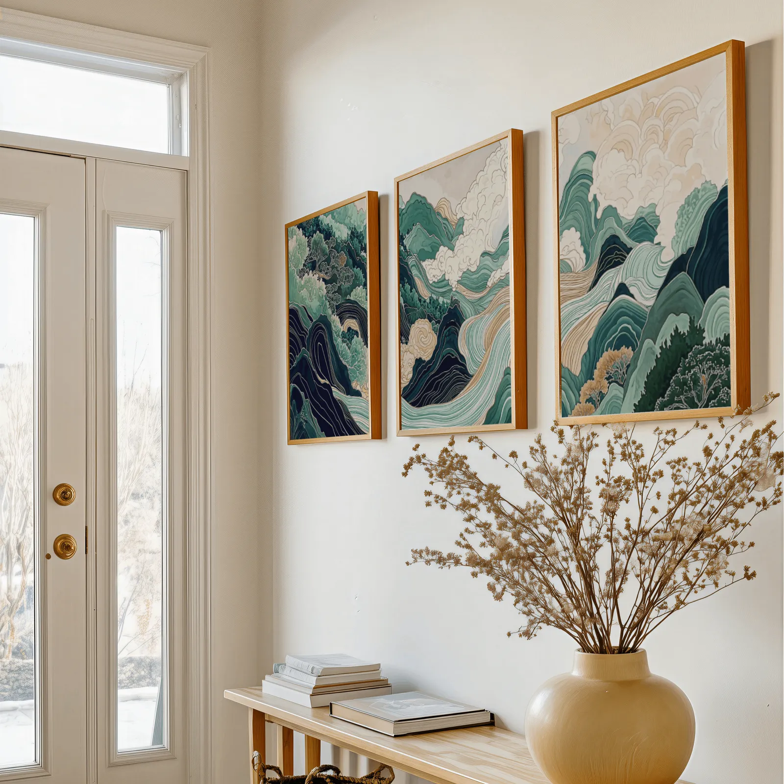 green mountain landscape wall art set of three, above a console table with a yellow vase of dried branches