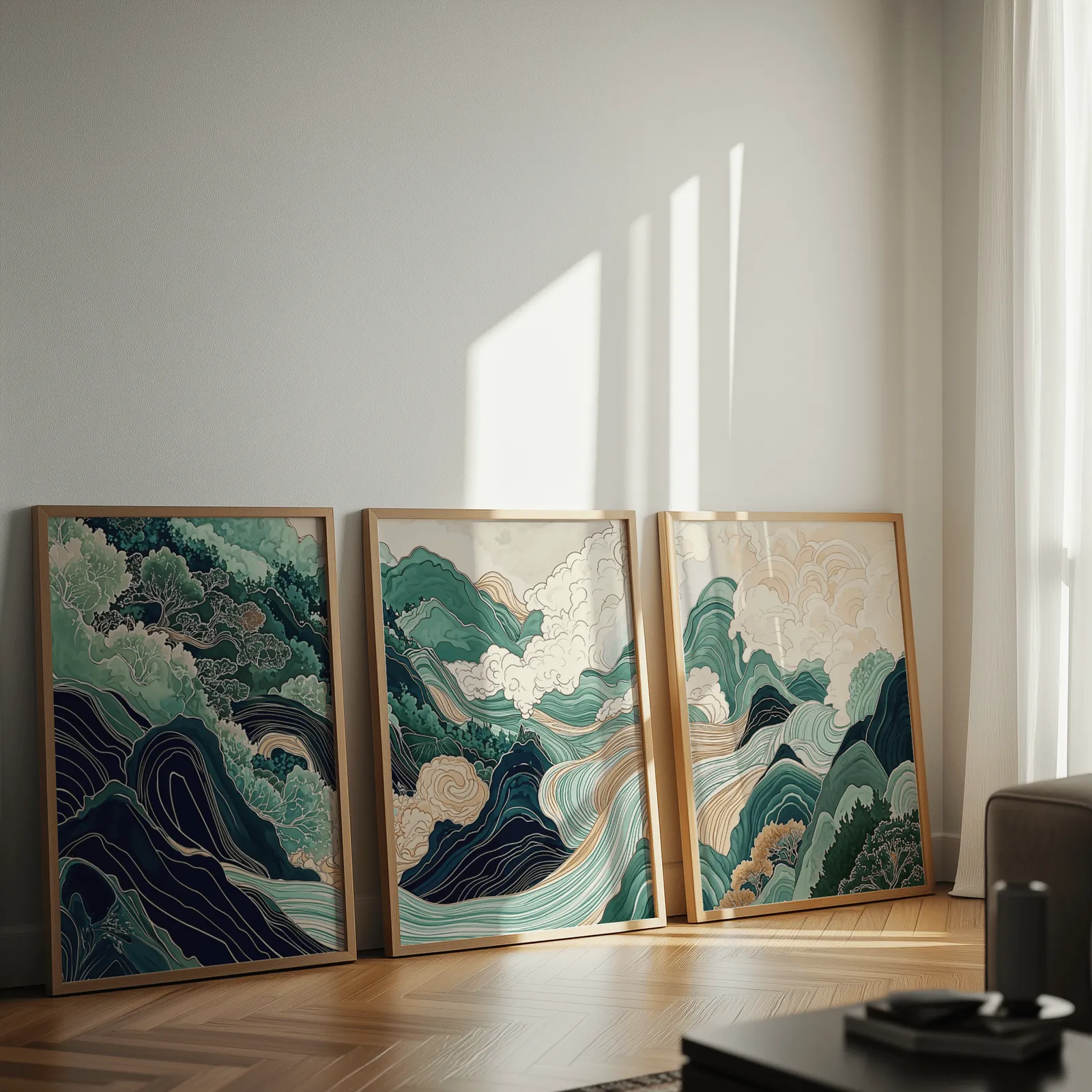 green mountain landscape wall art set of three, leaning against a sunlit wall on herringbone flooring