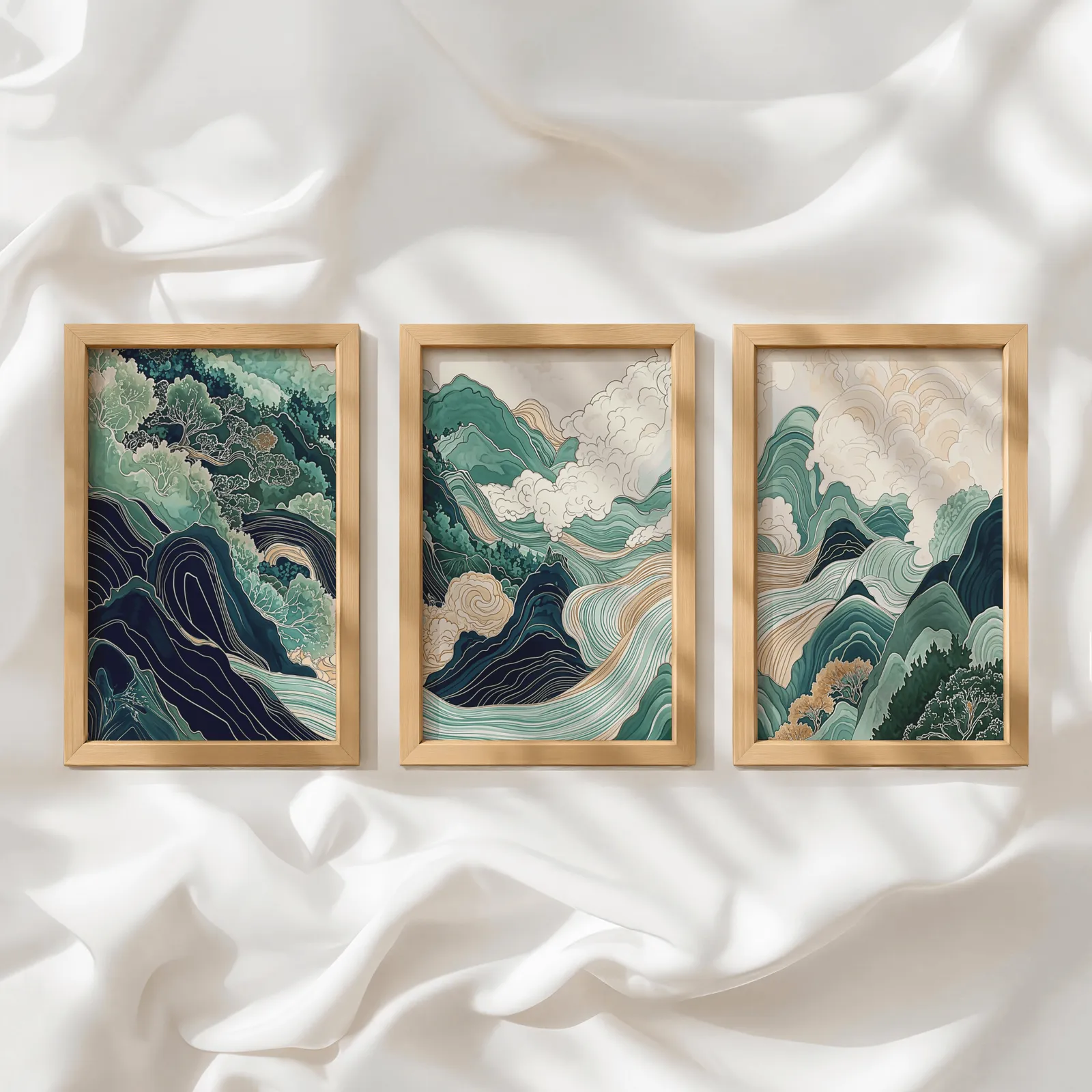 green mountain landscape wall art set of three, in a row atop rumpled white silky fabric