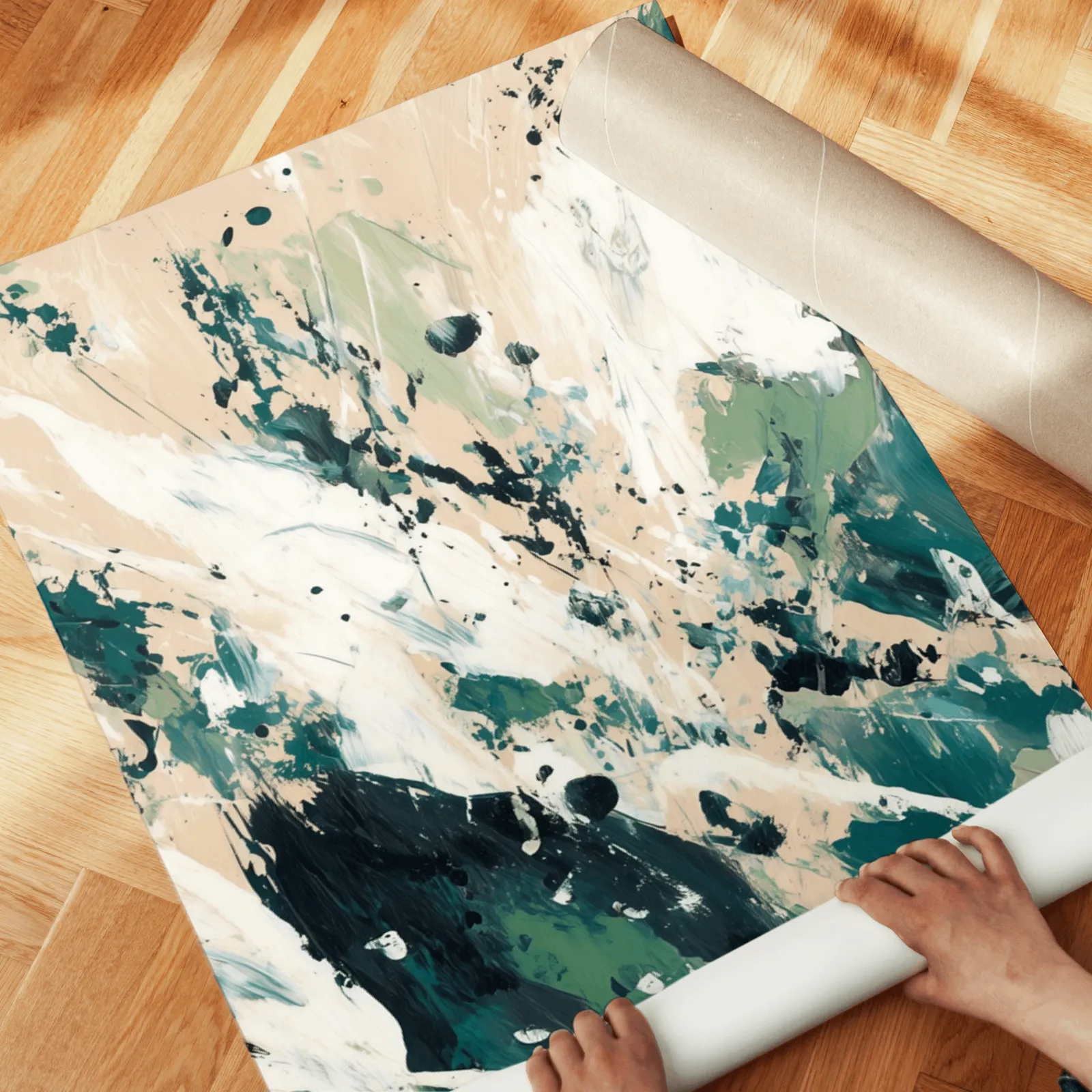 green abstract triptych wall art in beige and emerald, unrolled across a herringbone wood floor by hand