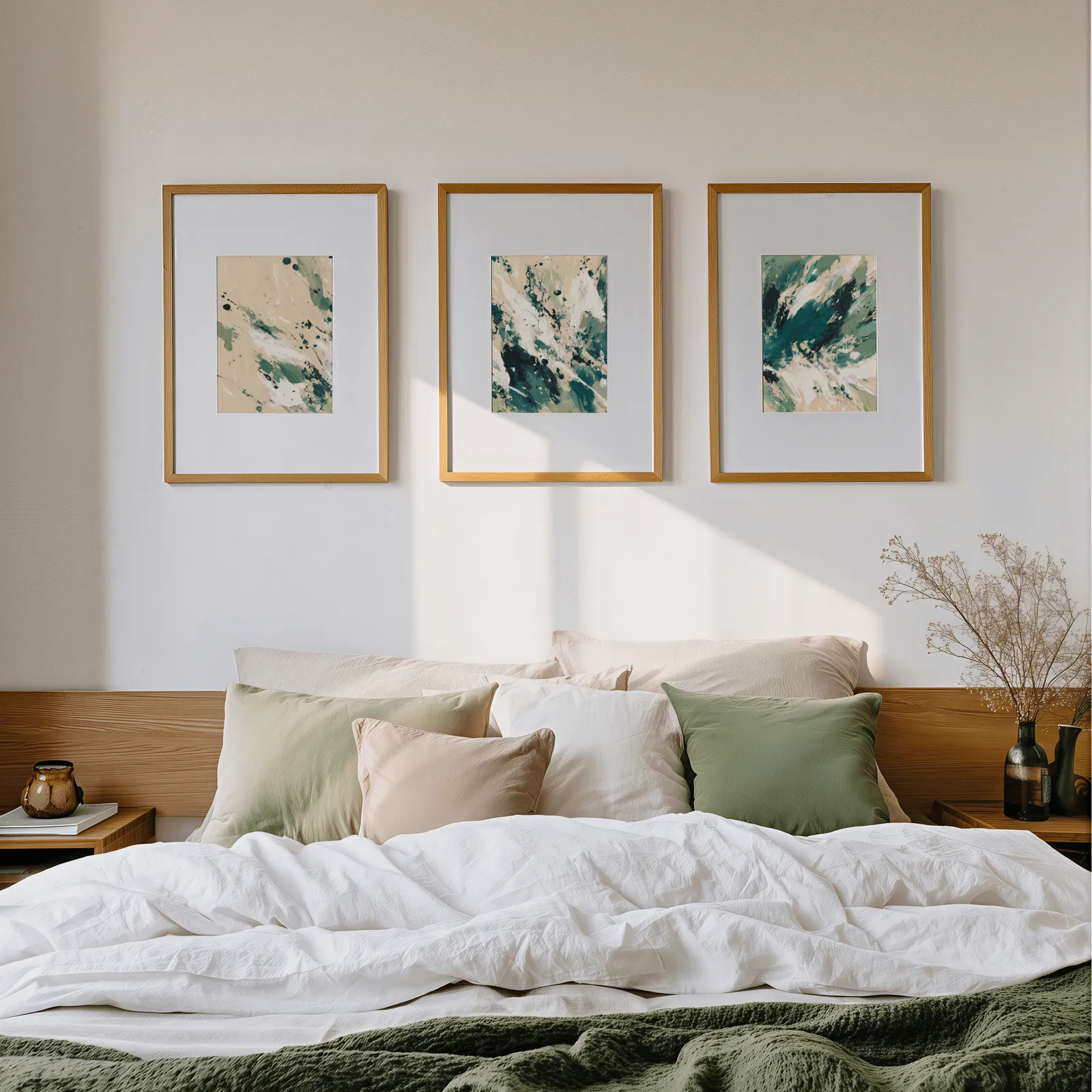 green abstract triptych wall art in beige and emerald, above a wooden headboard scattered with sage and blush pillows