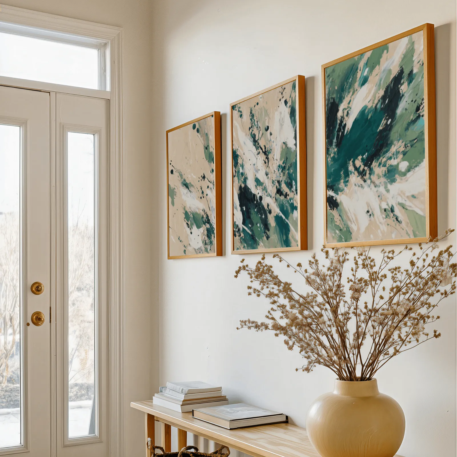 green abstract triptych wall art in beige and emerald, above a console table with a yellow vase of dried branches