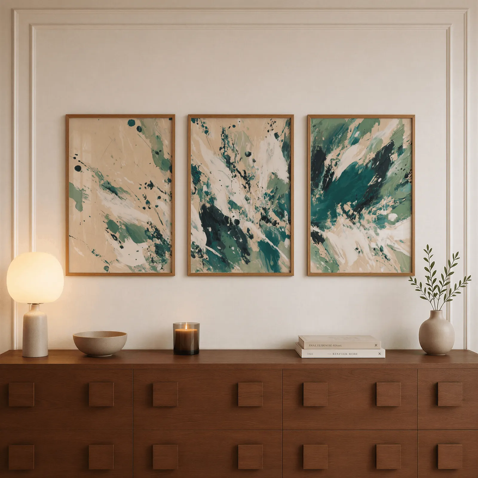 green abstract triptych wall art in beige and emerald, above a walnut sideboard with a lit candle and glowing lamp