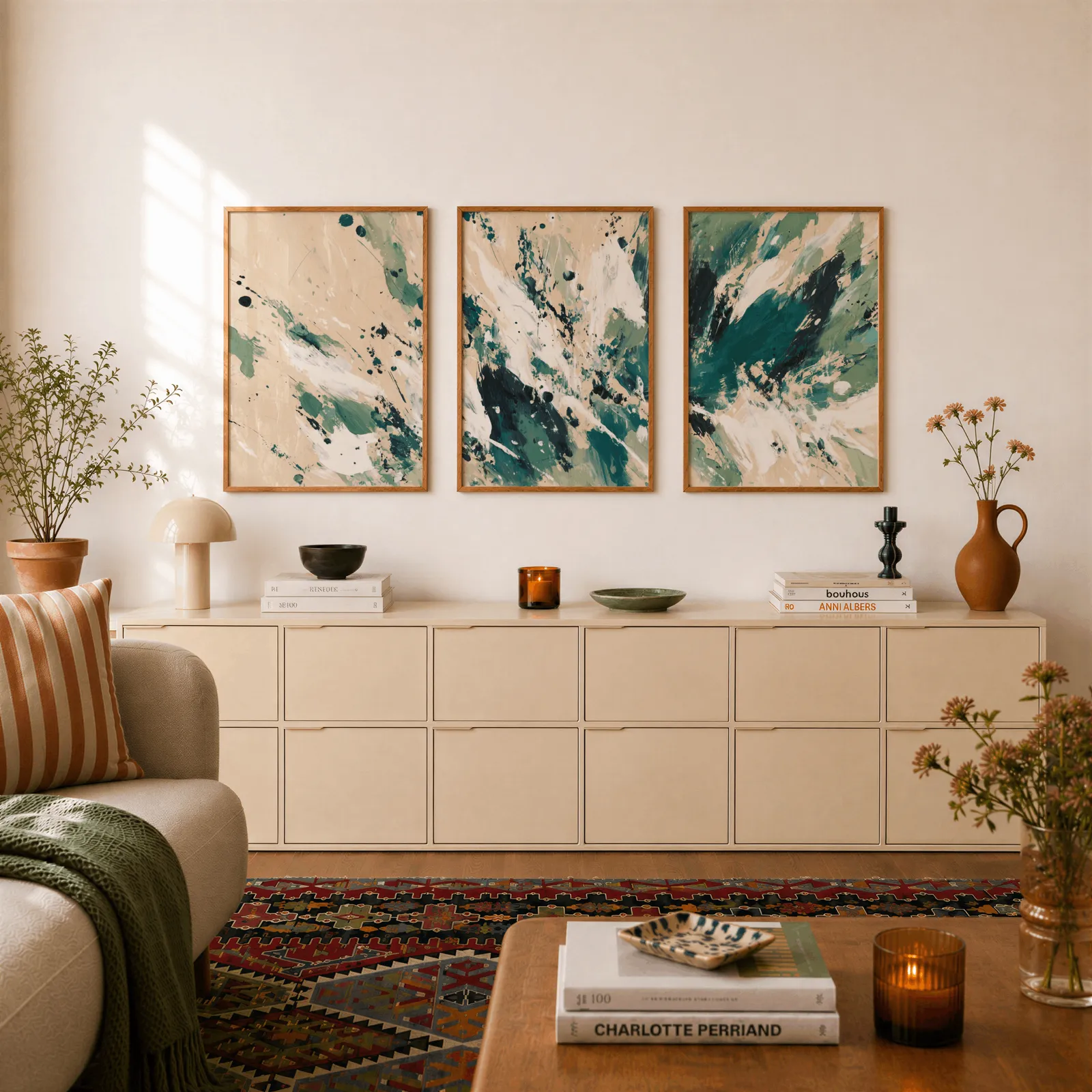 green abstract triptych wall art in beige and emerald, above a long cream sideboard topped with books and a terracotta jug