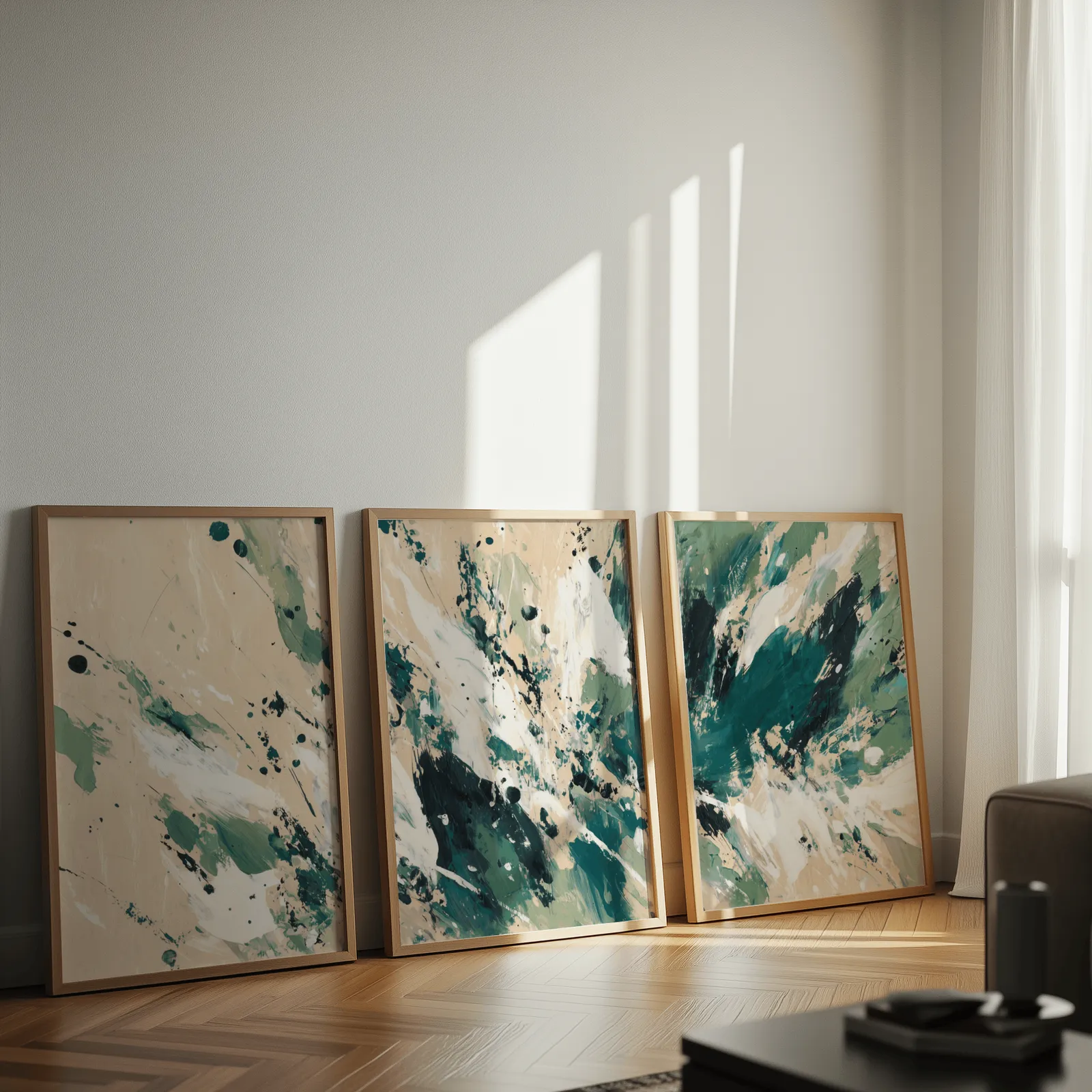green abstract triptych wall art in beige and emerald, leaning against a sunlit wall on herringbone flooring