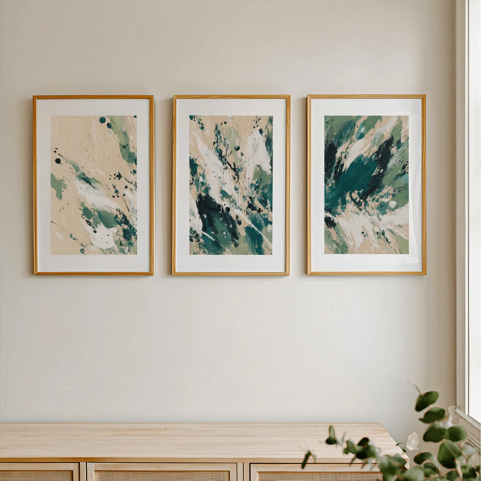 green abstract triptych wall art in beige and emerald, in a row above a light wooden sideboard near a window