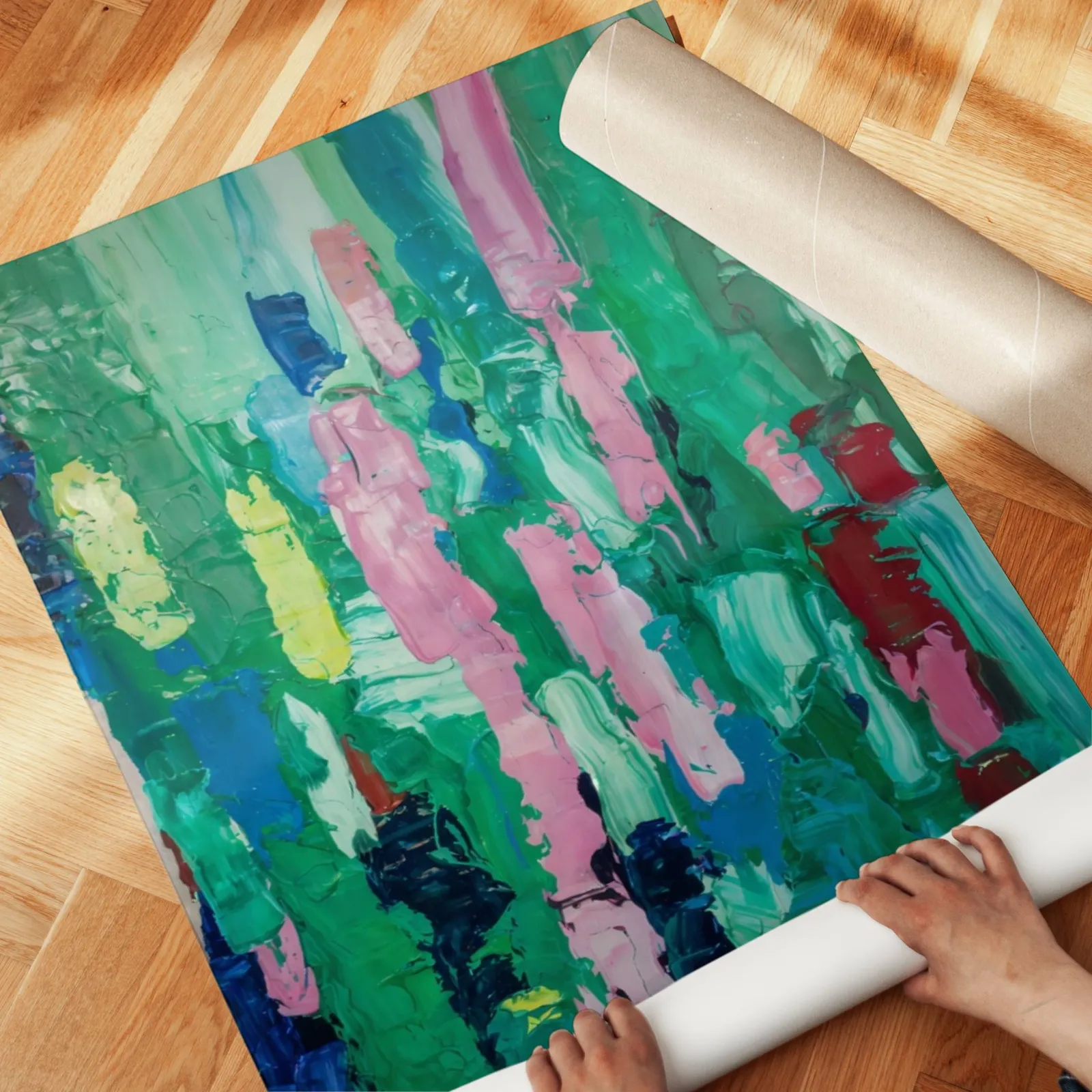 colorful abstract wall art in green and pink, unrolled across a herringbone parquet floor by hand