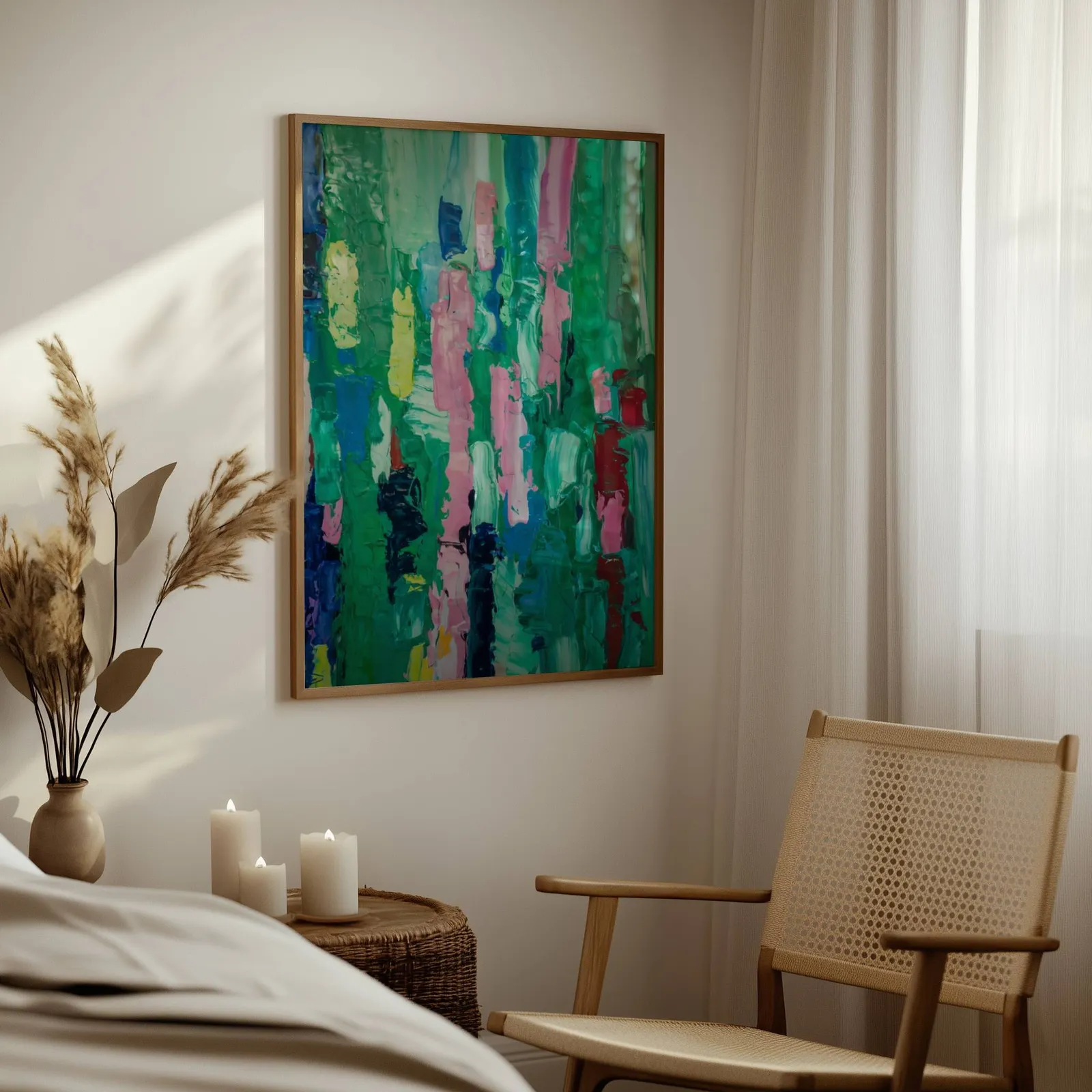 colorful abstract wall art in green and pink, above a woven side table with lit candles and pampas grass