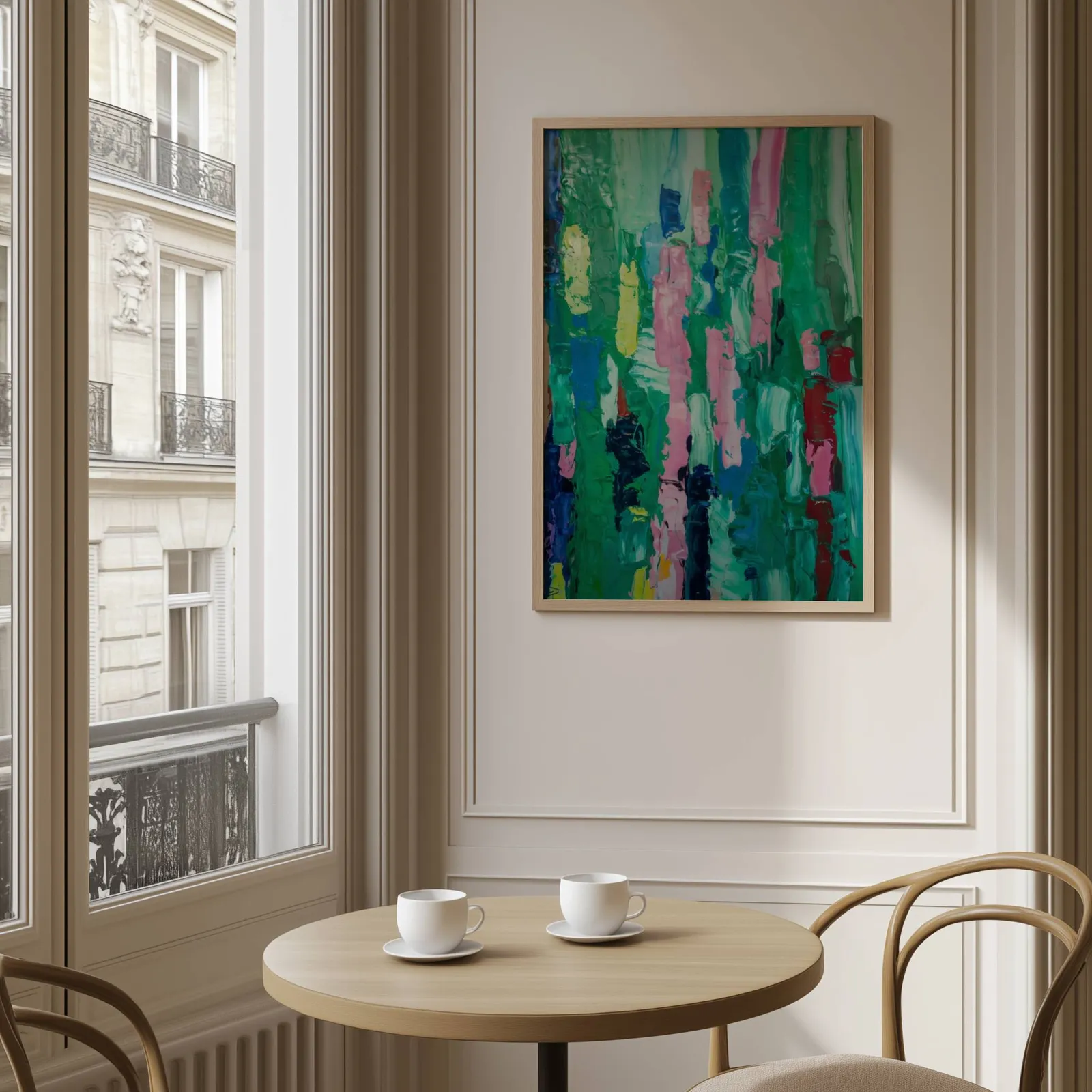 colorful abstract wall art in green and pink, above a round café table set with two coffee cups