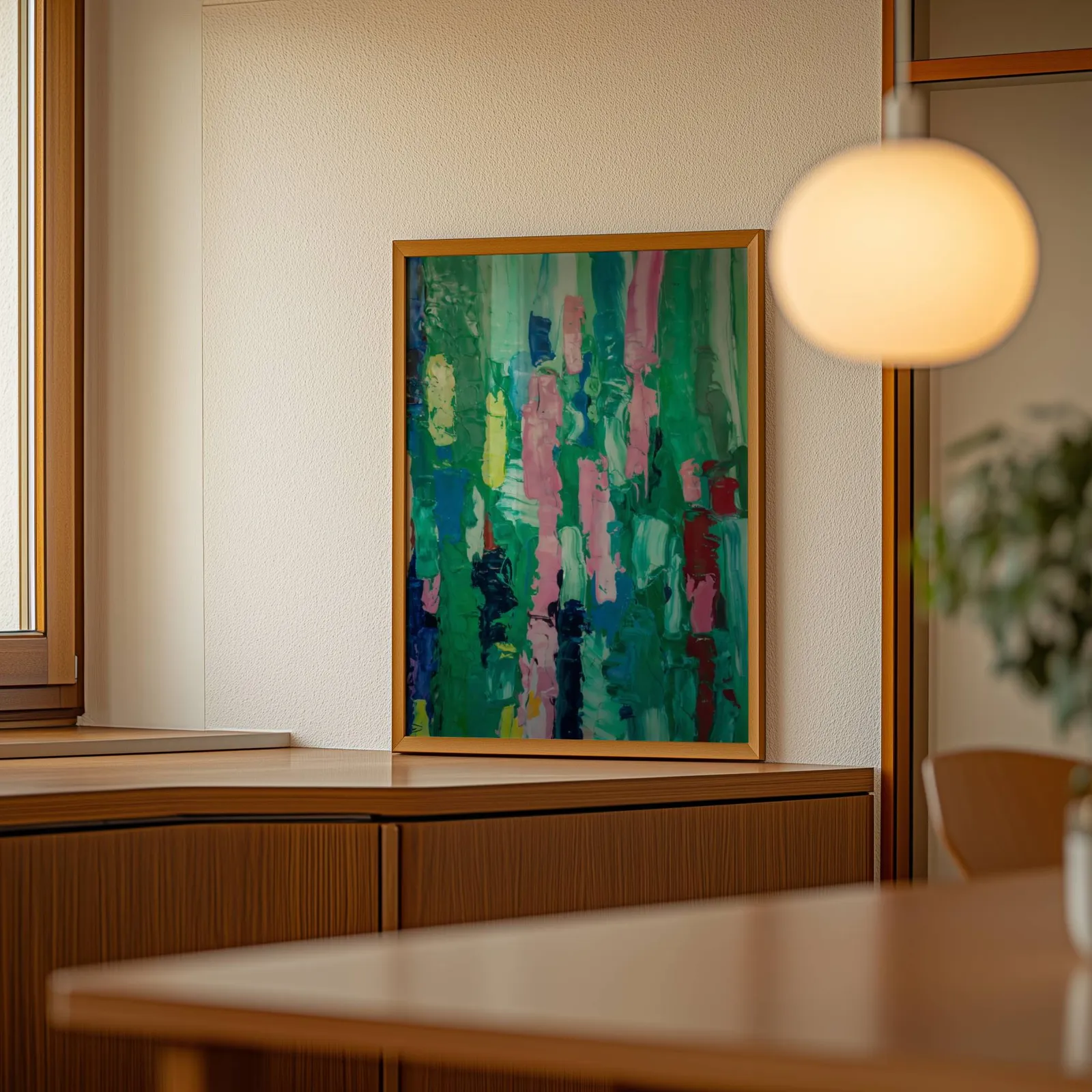 colorful abstract wall art in green and pink, leaning on a wooden sideboard beside a glowing globe pendant