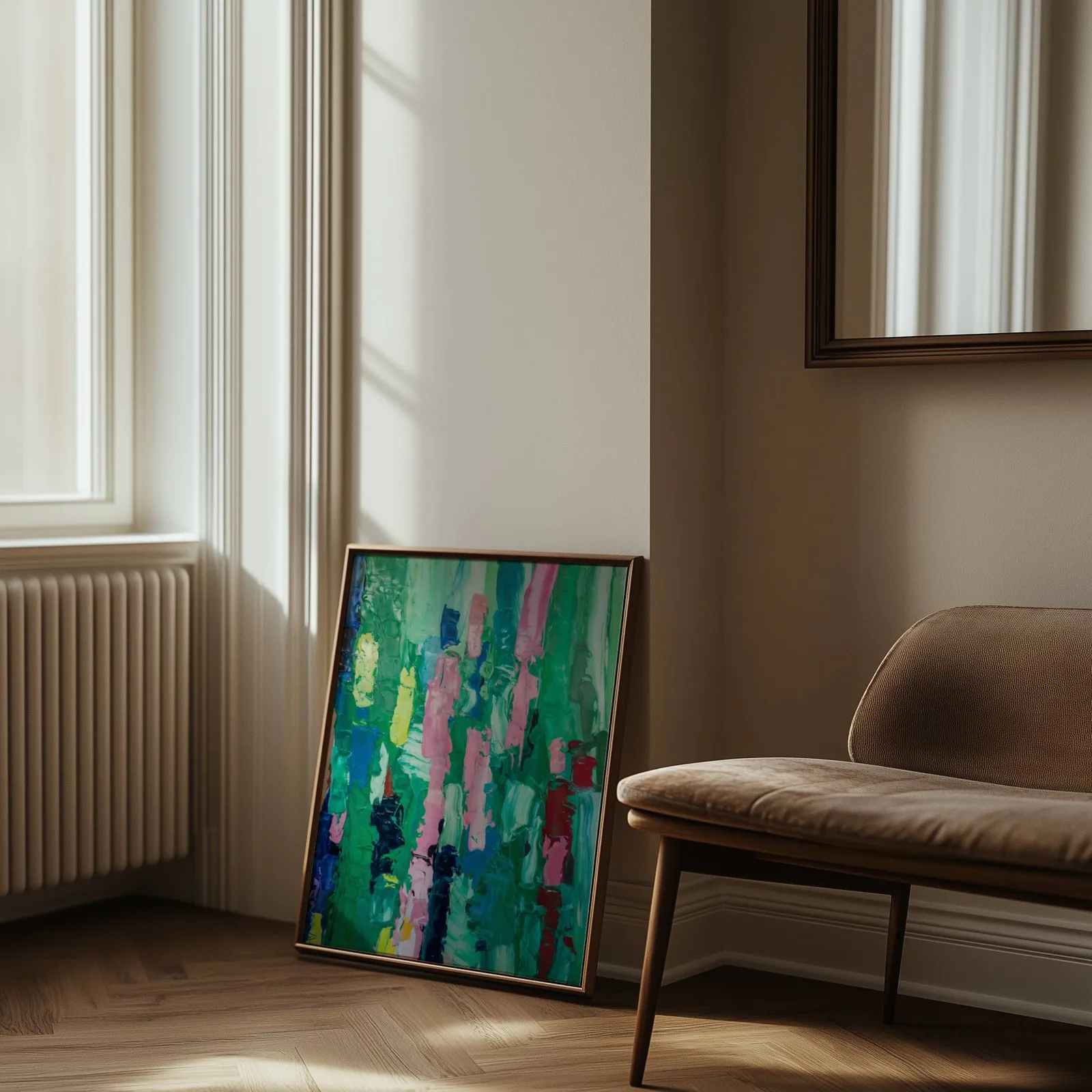colorful abstract wall art in green and pink, leaning against the wall beside a sunlit radiator and herringbone floor
