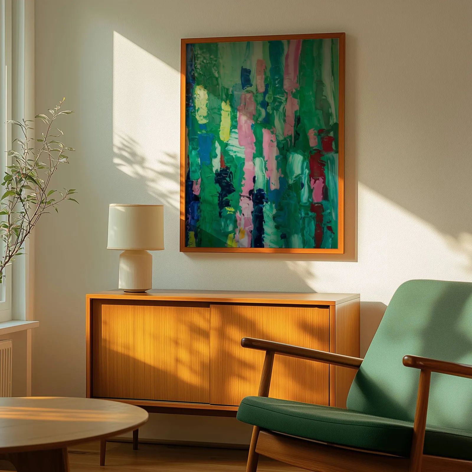 colorful abstract wall art in green and pink, above a wooden sideboard with a ceramic lamp and dappled sunlight