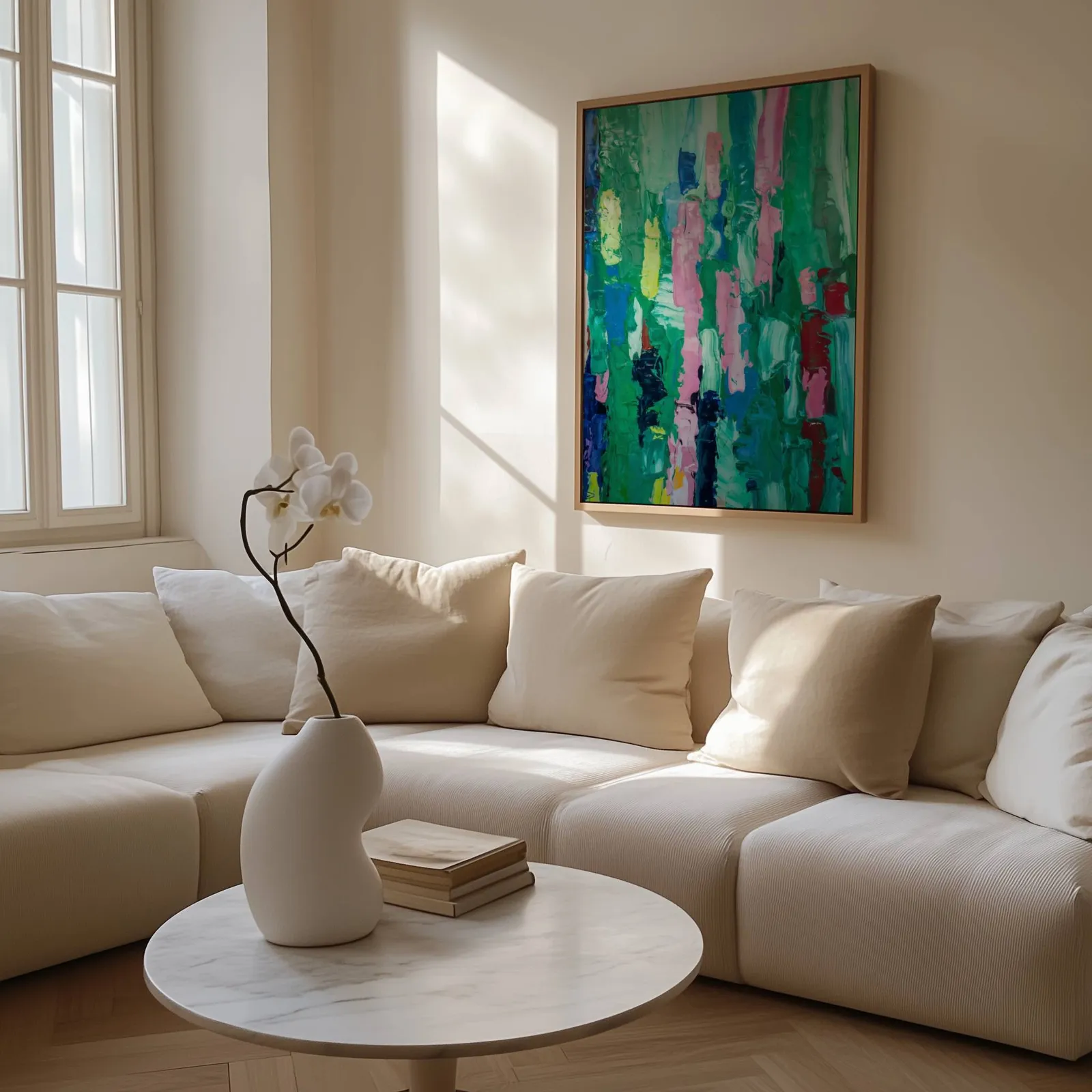 colorful abstract wall art in green and pink, above a cream sectional beside a tall sunlit window