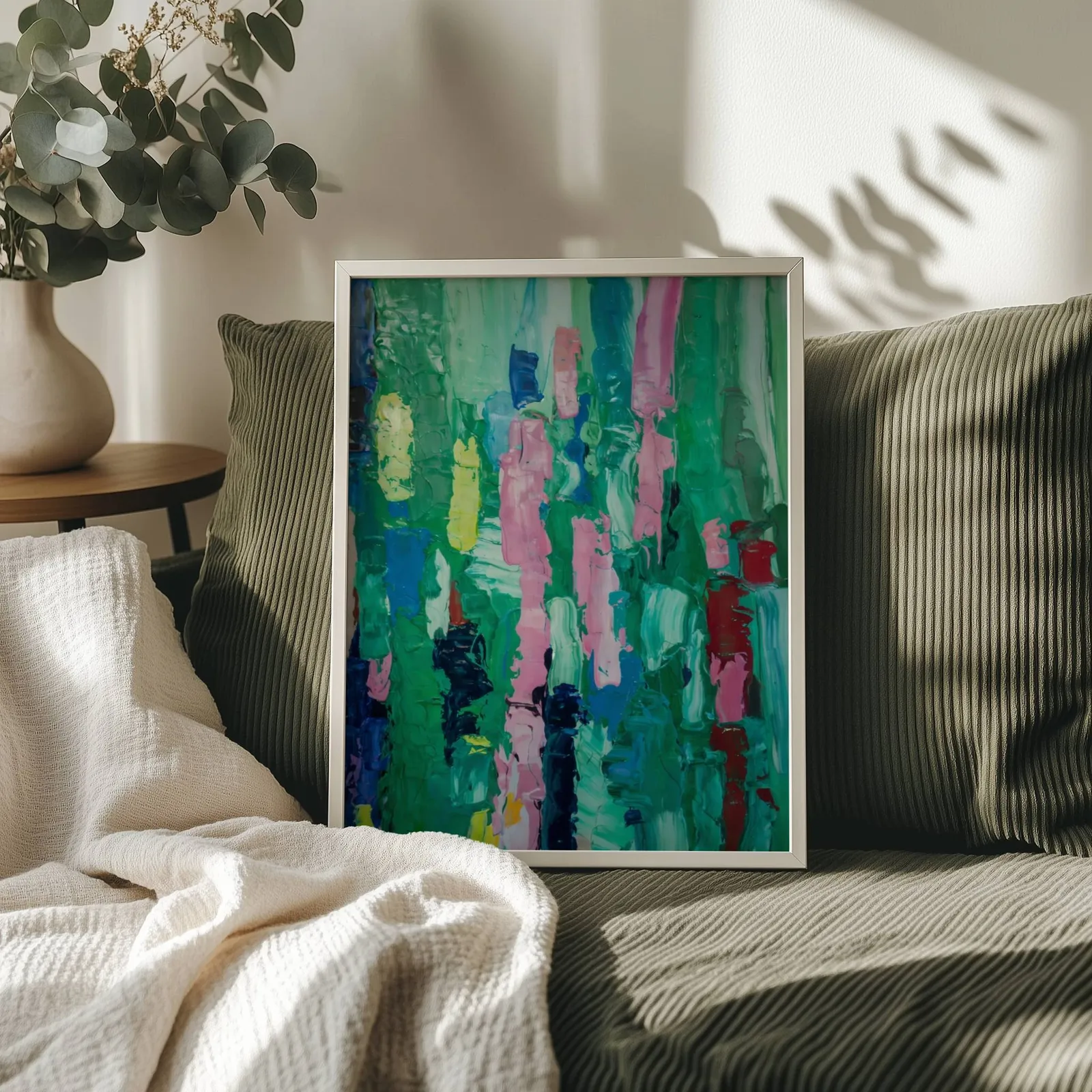 colorful abstract wall art in green and pink, propped on an olive corduroy sofa beside a eucalyptus vase