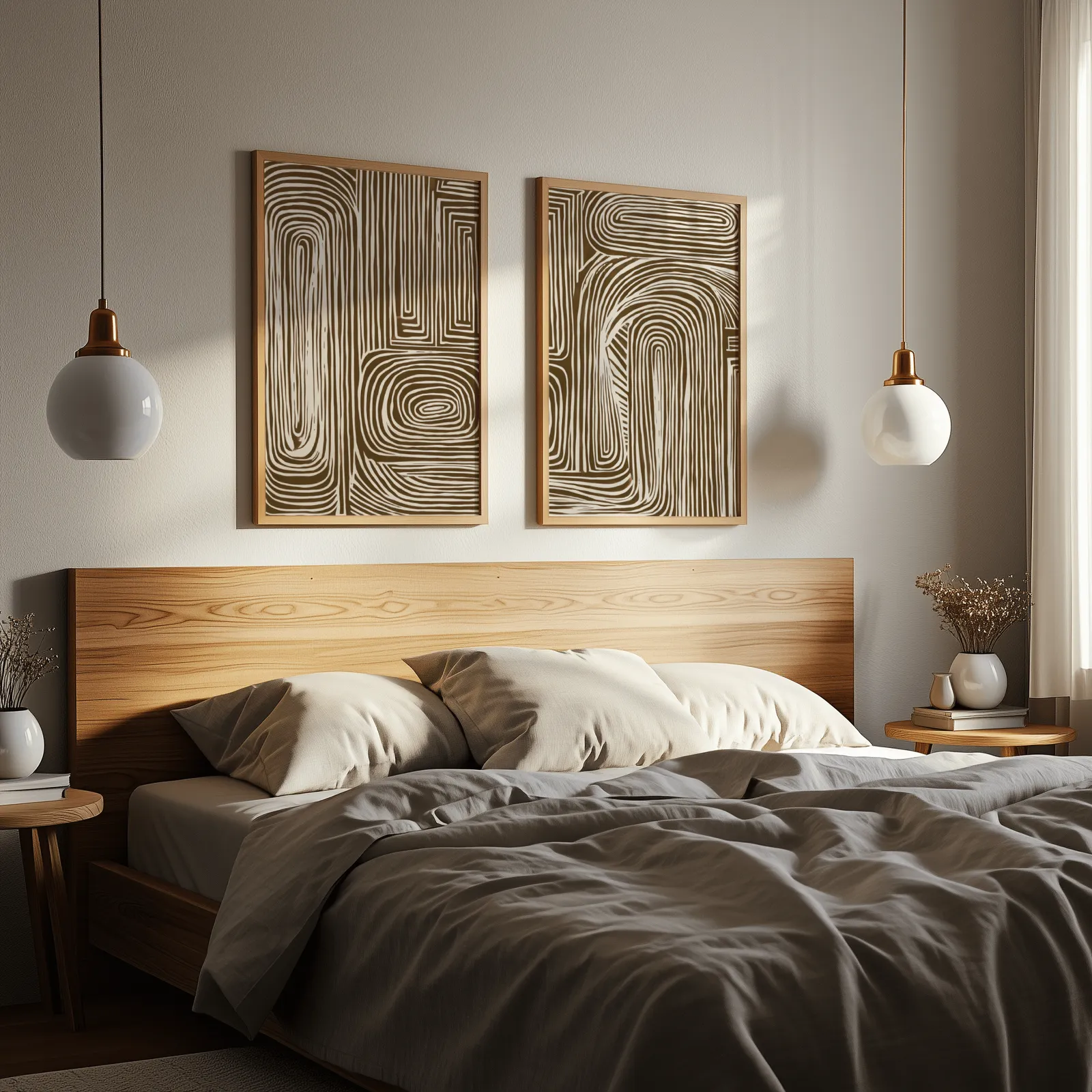 brown abstract line art set of two, above a wooden headboard flanked by globe pendant lights